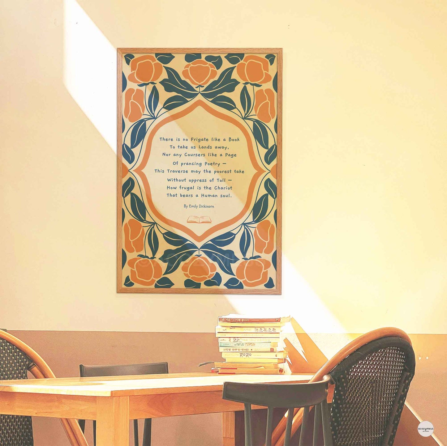 A reading poster featuring the Emily Dickinson poem “There is no Frigate like a Book” with elegant abstract floral illustrations on a textured background, in oakwood frame for library decor.