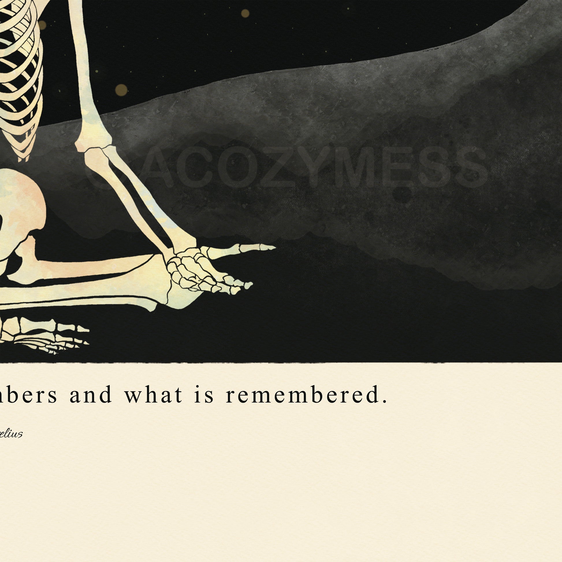 Close-up view of Marcus Aurelius quote ‘All is ephemeral’ with detailed skeleton and moon phase illustration, showing fine line art and serif typography on a matte beige paper texture