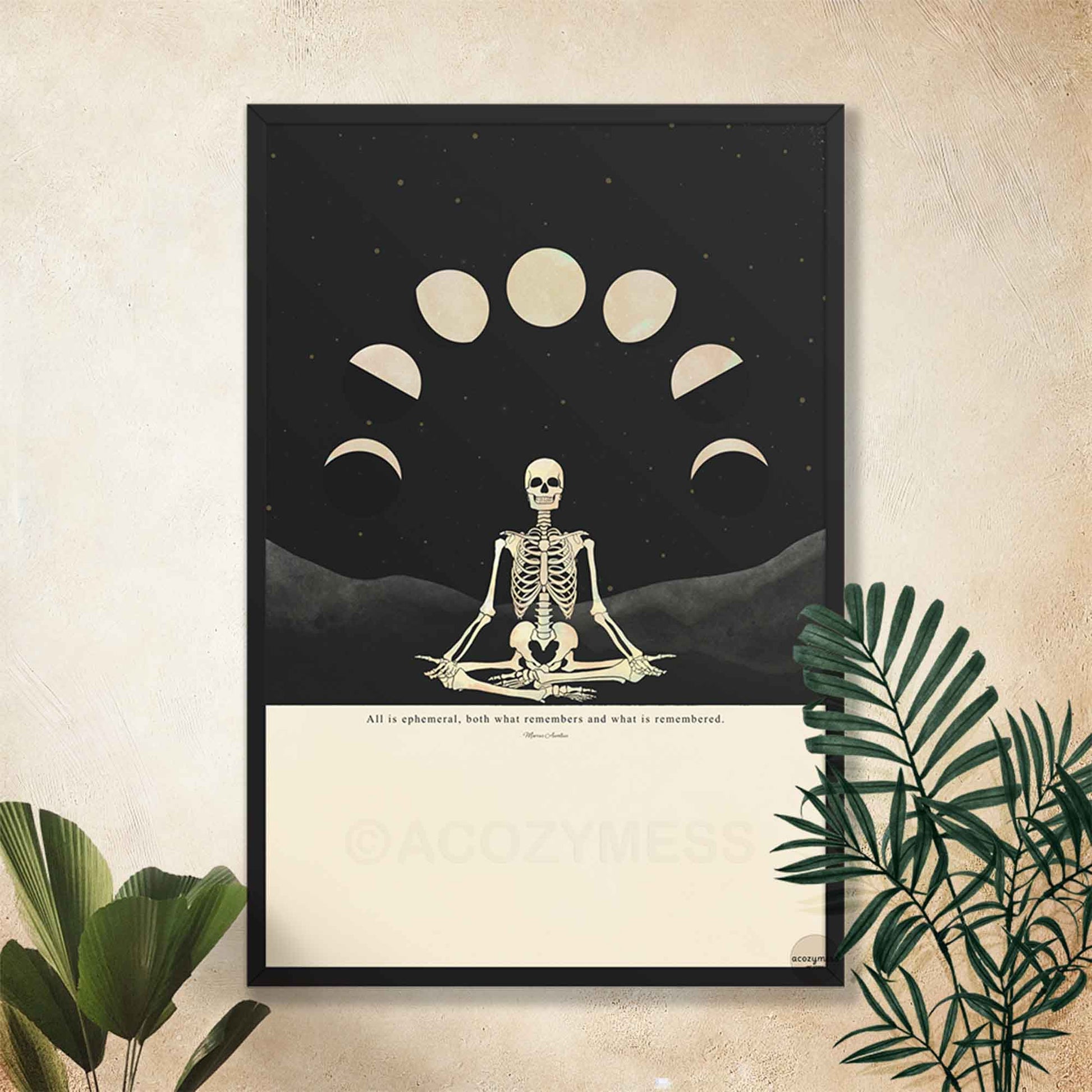 Framed Marcus Aurelius stoic quote poster with skeleton and moon phase illustration, printed on beige background and displayed in sleek black wooden frame, ready to hang philosophy wall art