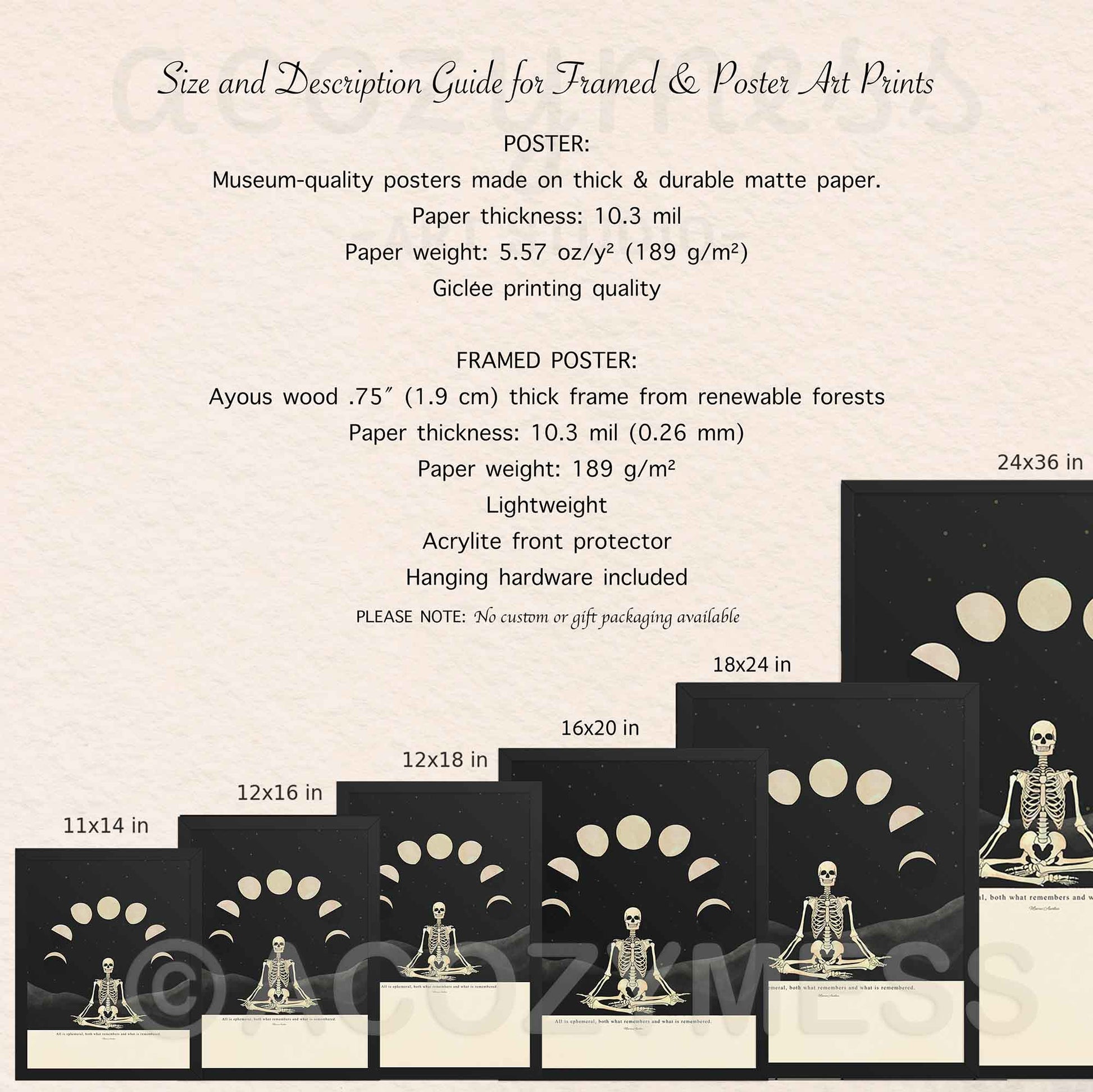 Size and description guide for framed and poster art prints with skeleton design on a beige background.