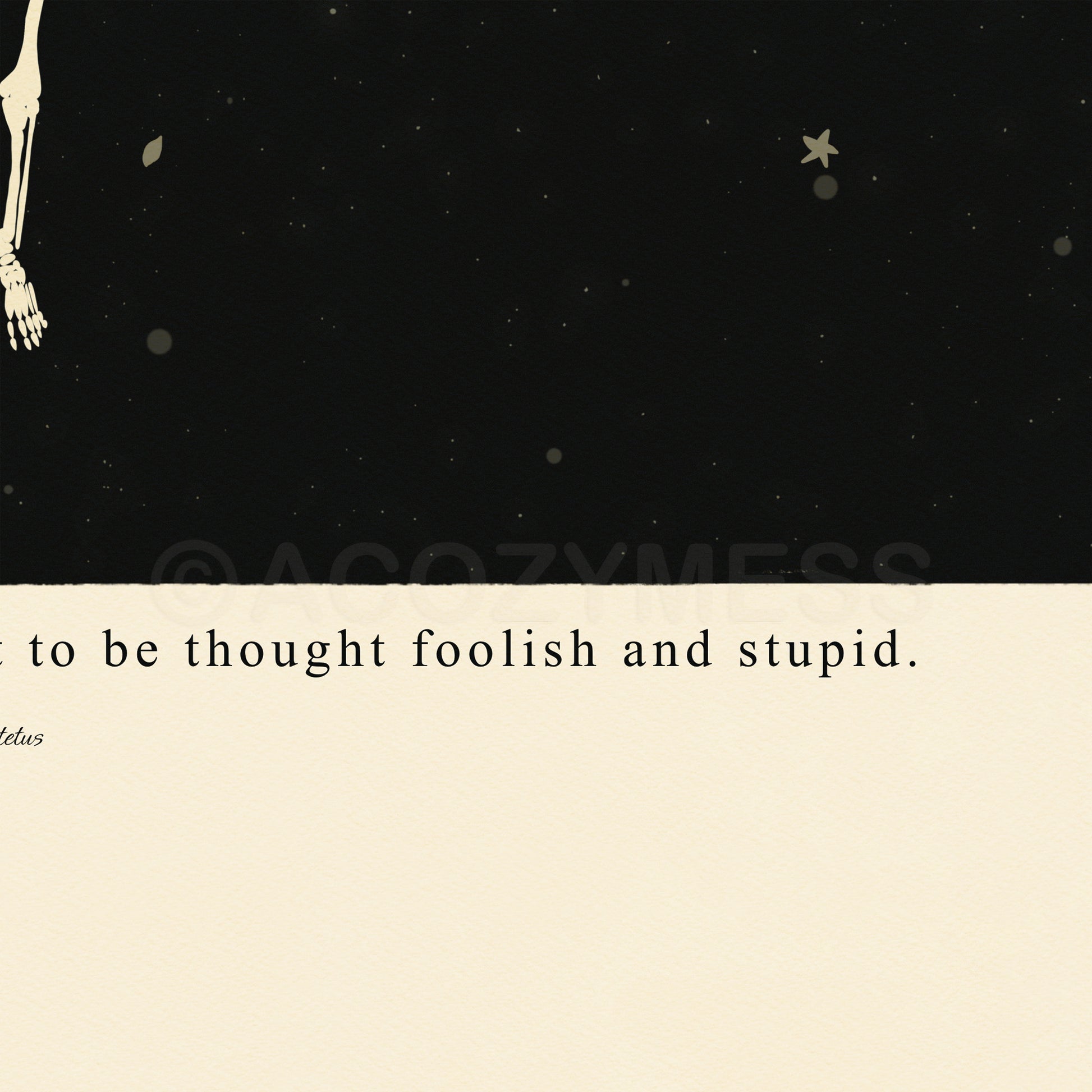 Close-up view of Epictetus quote with detailed skeleton and moon artwork, showcasing the black and beige starry design with fine typography and matte texture.