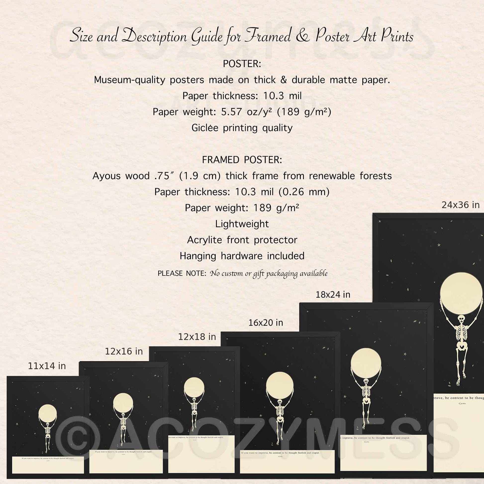 Size and description guide for framed and poster art prints with product images.