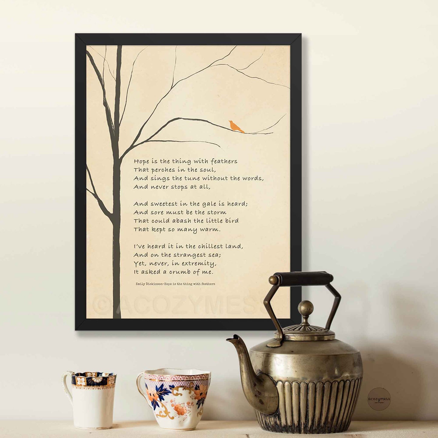 Emily Dickinson poem print with bird on branch illustration, framed in sleek black for a bold, modern finish.