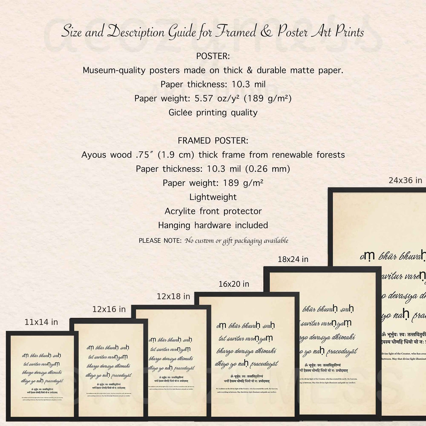 size chart and framing options including unframed and framed versions.