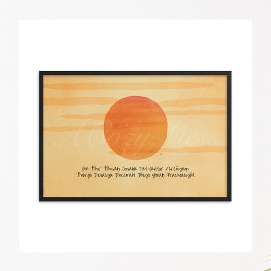 A wall art print featuring the Gayatri Mantra overlaid on a radiant sunburst, creating a spiritually uplifting and visually captivating artwork in black frame