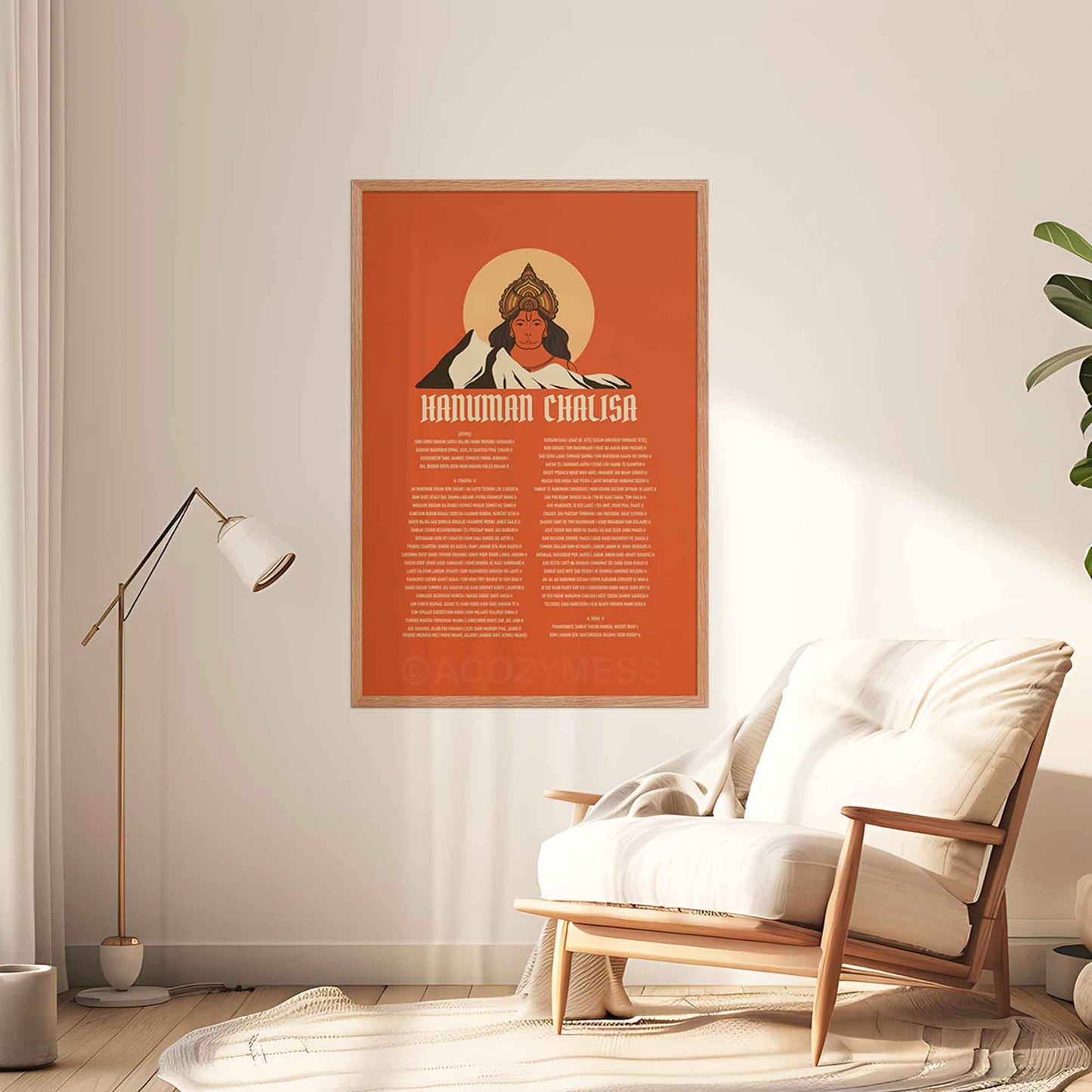 A devotional Hanuman Chalisa poster featuring an illustration of Lord Hanuman on a vibrant orange background, symbolizing strength, devotion, and spiritual power. The sacred verses of the Hanuman Chalisa are displayed, in oakwood frame to create a peaceful meditative wall.