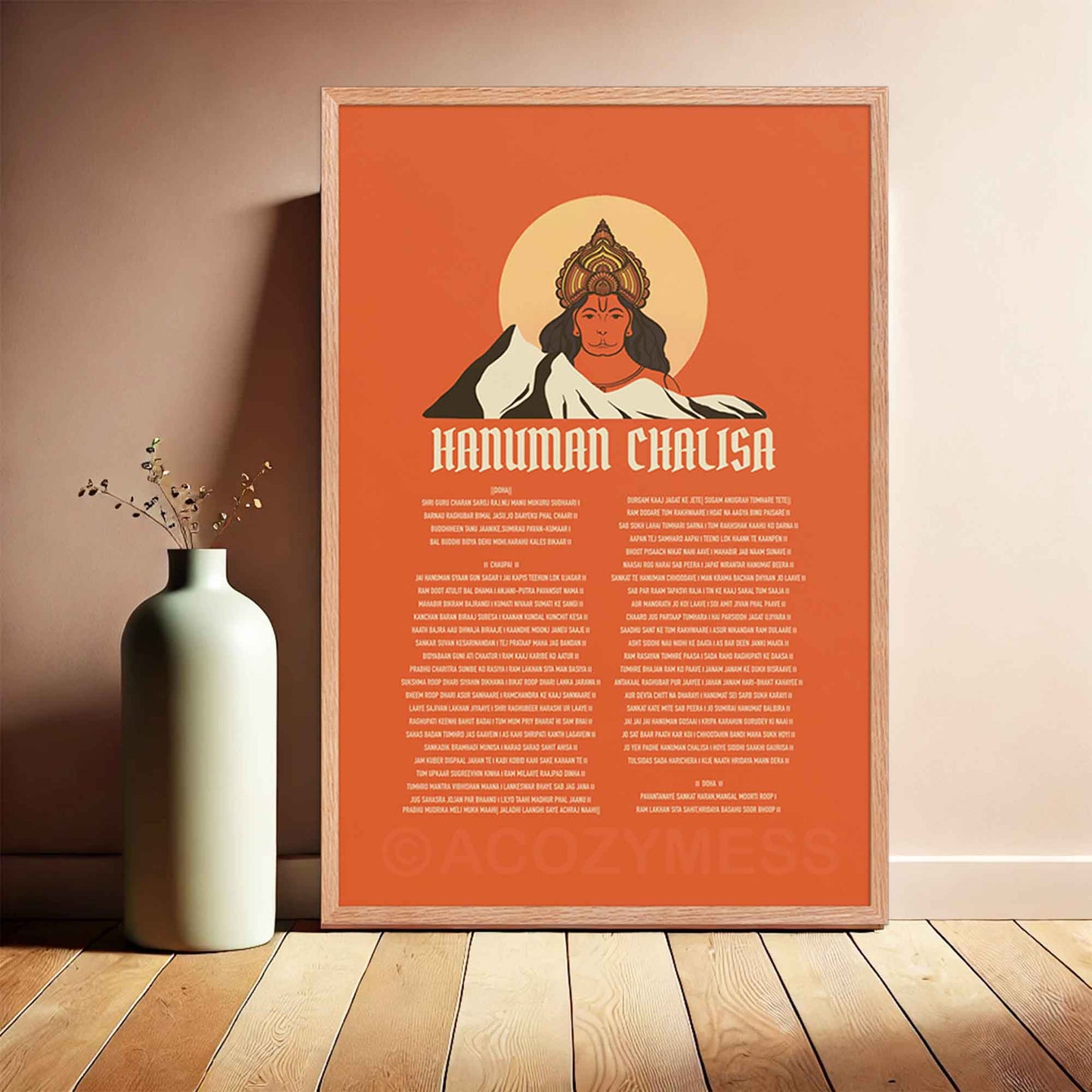 A devotional Hanuman Chalisa poster featuring an illustration of Lord Hanuman on a vibrant orange background, symbolizing strength, devotion, and spiritual power. The sacred verses of the Hanuman Chalisa are elegantly displayed, making it a perfect piece for home, temple, or meditation space decor.