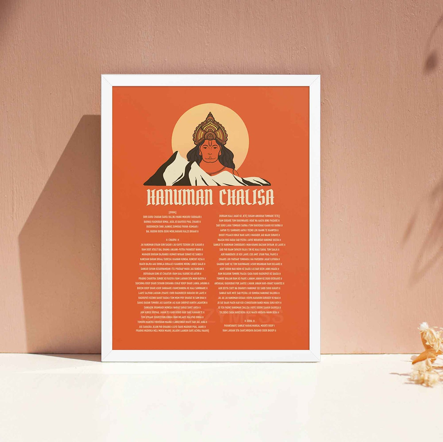 A devotional Hanuman Chalisa poster featuring an illustration of Lord Hanuman on a vibrant orange background, symbolizing strength, devotion, and spiritual power. The sacred verses of the Hanuman Chalisa are elegantly displayed, in white frame.
