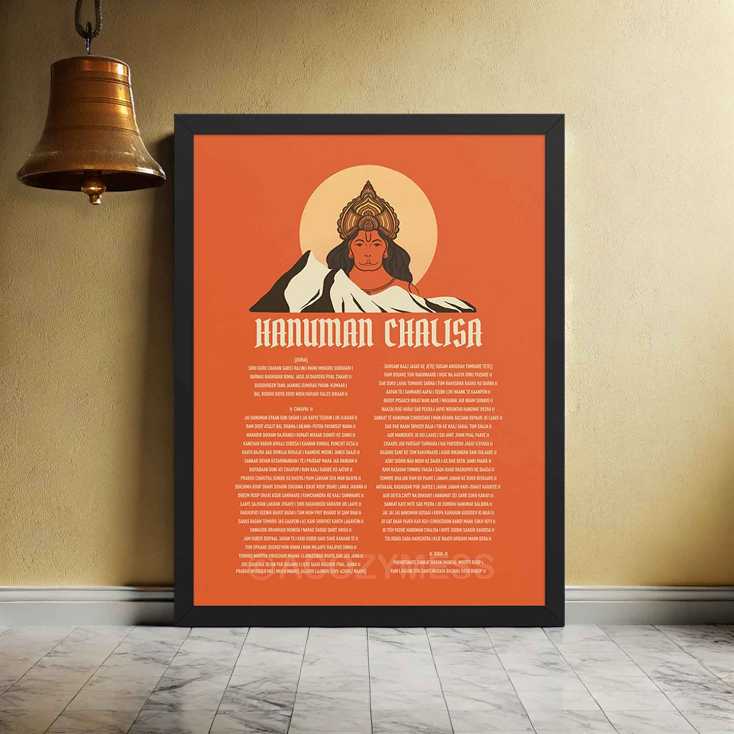 A devotional Hanuman Chalisa poster featuring an illustration of Lord Hanuman on a vibrant orange background, symbolizing strength, devotion, and spiritual power. The sacred verses of the Hanuman Chalisa are elegantly displayed, in black frame on a temple wall.