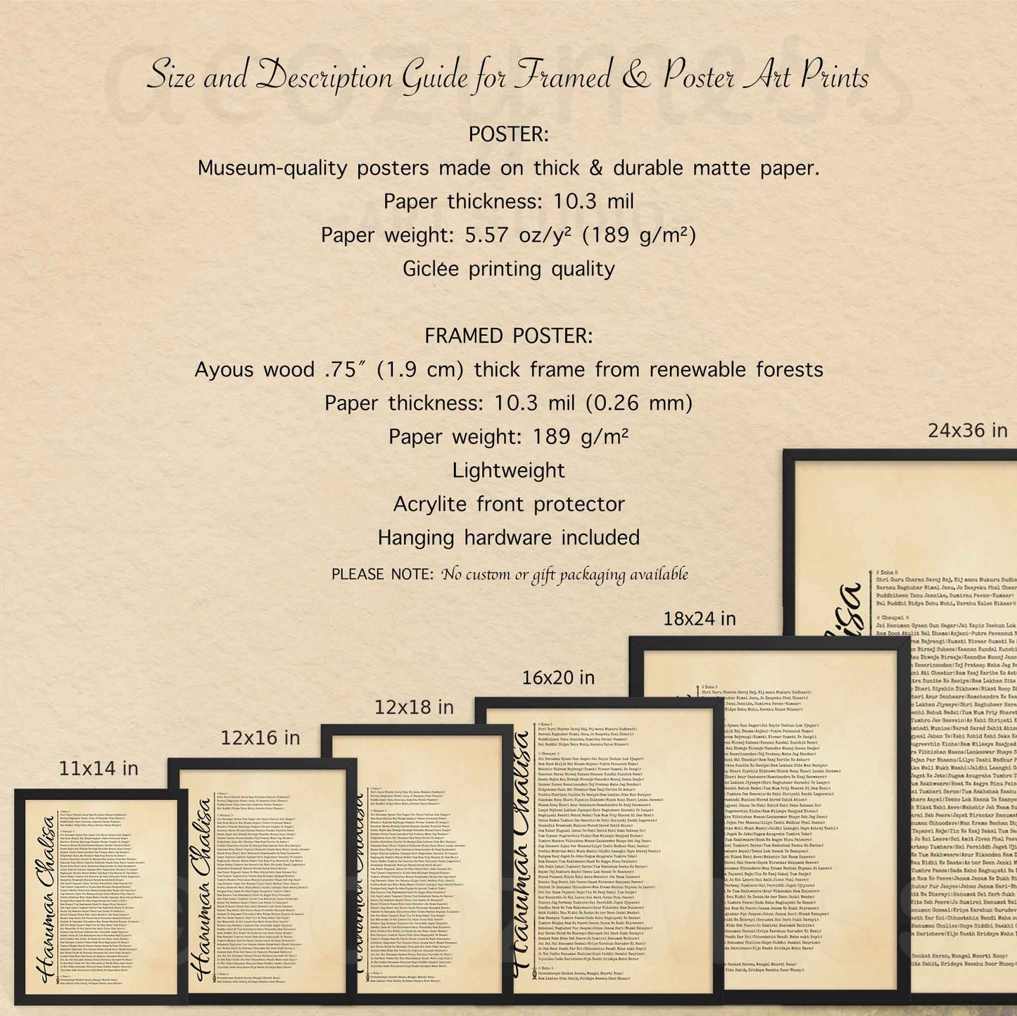 size and description details for hanuman chalisa poster