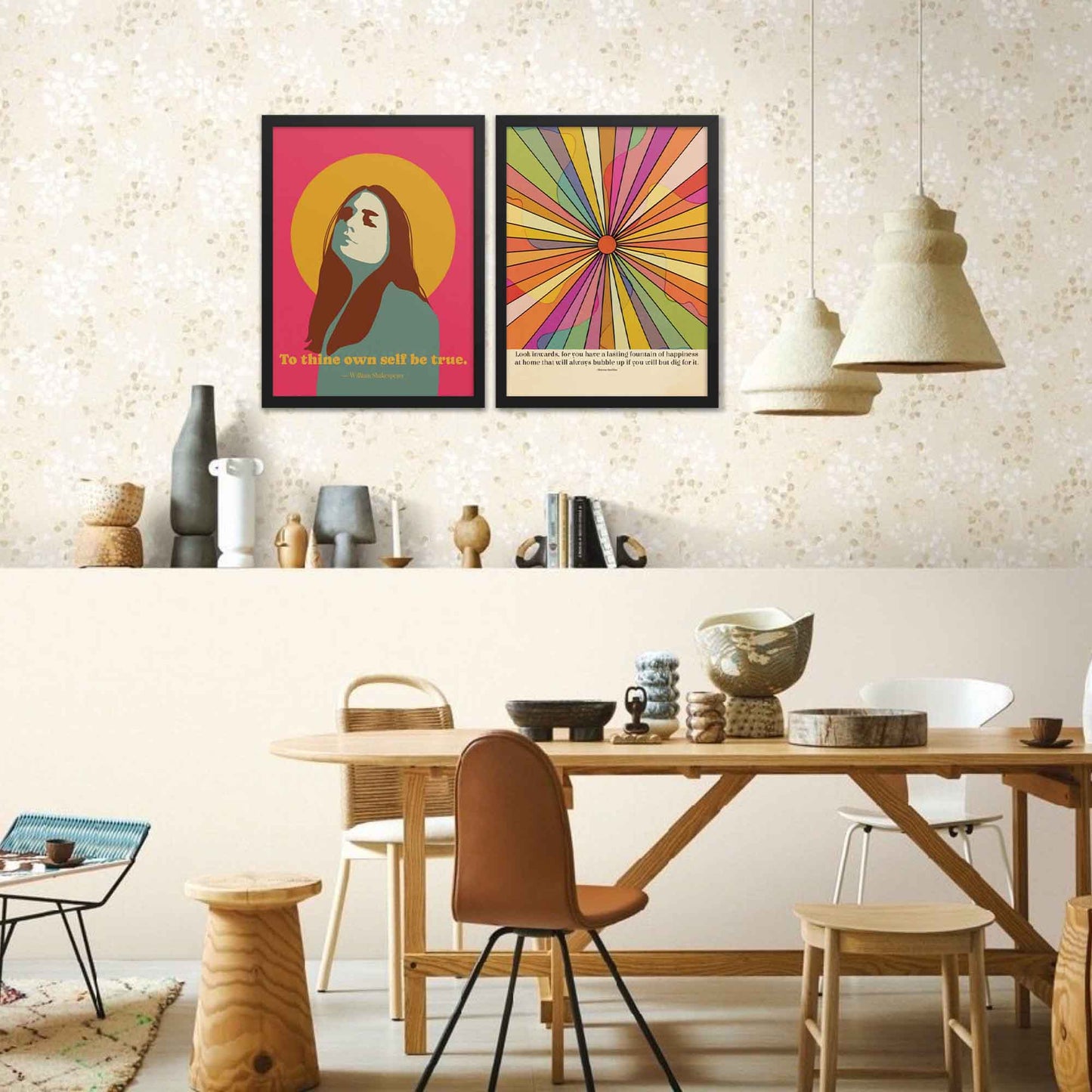 Poster with a colorful illustration featuring the Marcus Aurelius quote, Look inwards, for you have a lasting fountain of happiness at home that will always bubble up if you will but dig for it, perfect for inspiring mindfulness and introspection, in black frame.