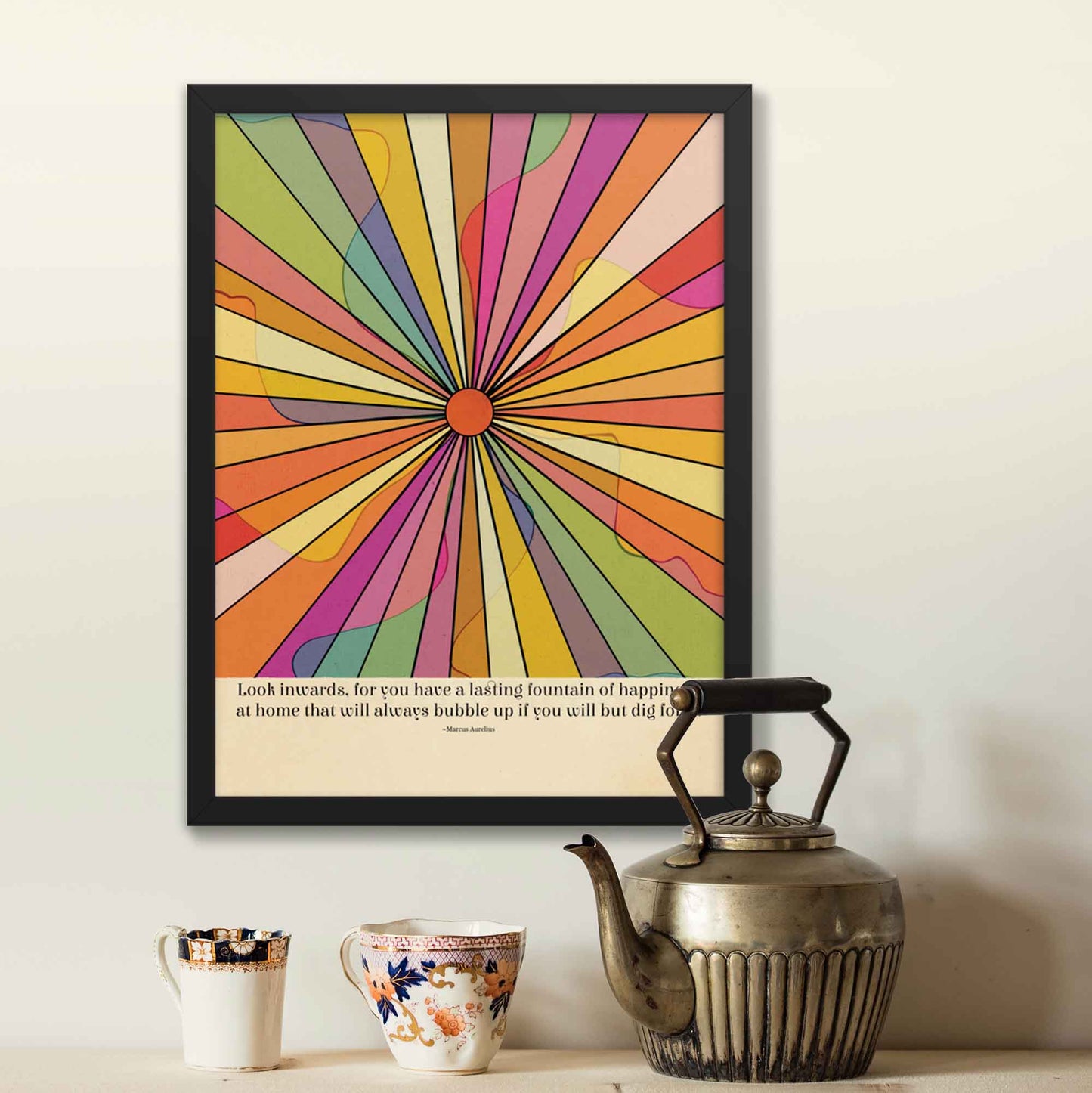 Poster with a Marcus Aurelius quote, Look inwards, for you have a lasting fountain of happiness at home that will always bubble up if you will but dig for it, perfect for inspiring mindfulness and introspection, in black frame.
