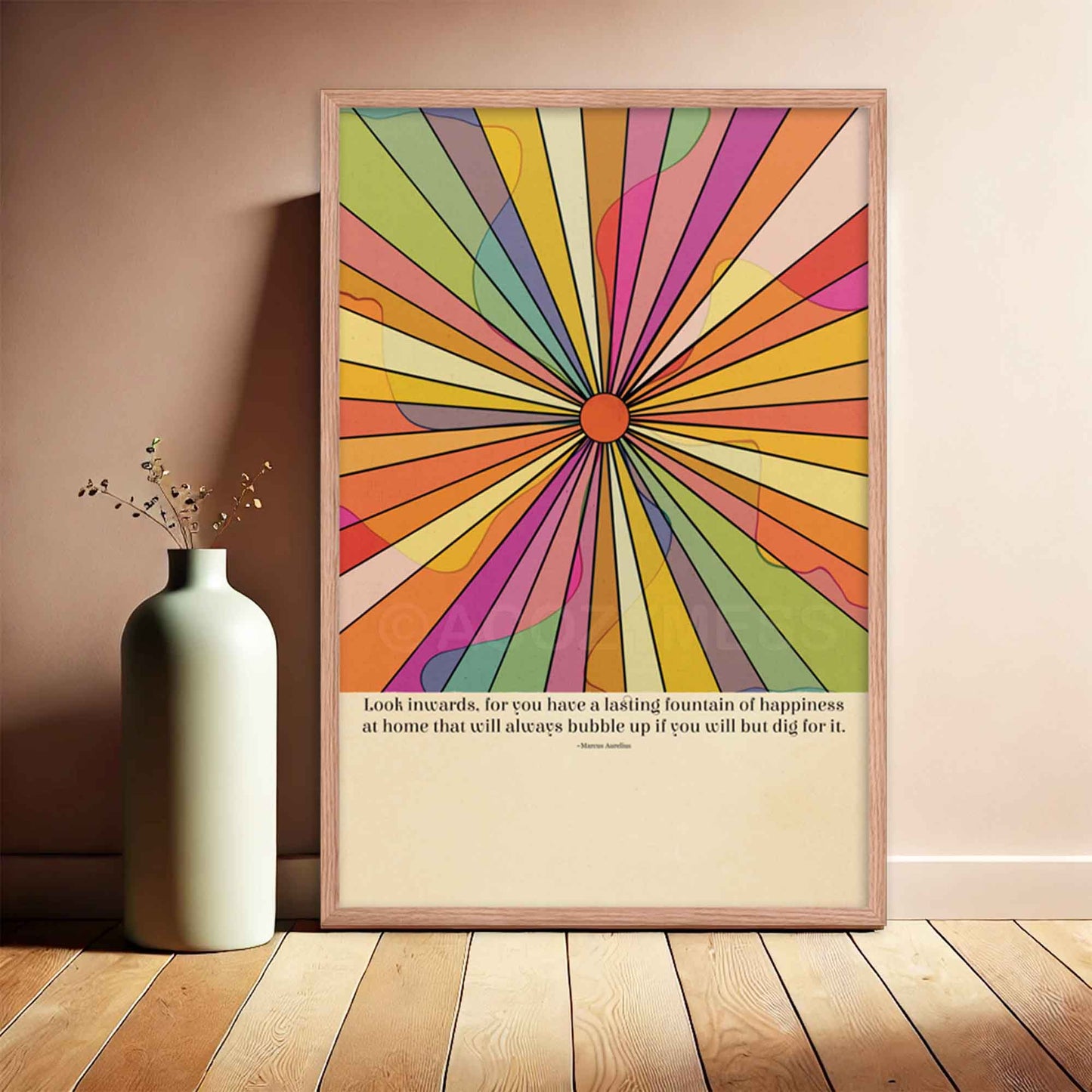 Poster with a colorful illustration featuring the Marcus Aurelius quote, Look inwards, for you have a lasting fountain of happiness at home that will always bubble up if you will but dig for it, perfect for inspiring mindfulness and introspection, in oakwood frame.