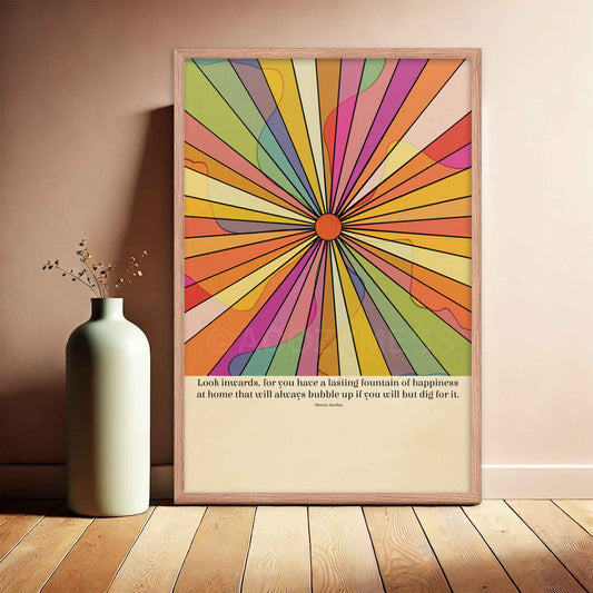 Poster with a colorful illustration featuring the Marcus Aurelius quote, Look inwards, for you have a lasting fountain of happiness at home that will always bubble up if you will but dig for it, perfect for inspiring mindfulness and introspection, in oakwood frame.