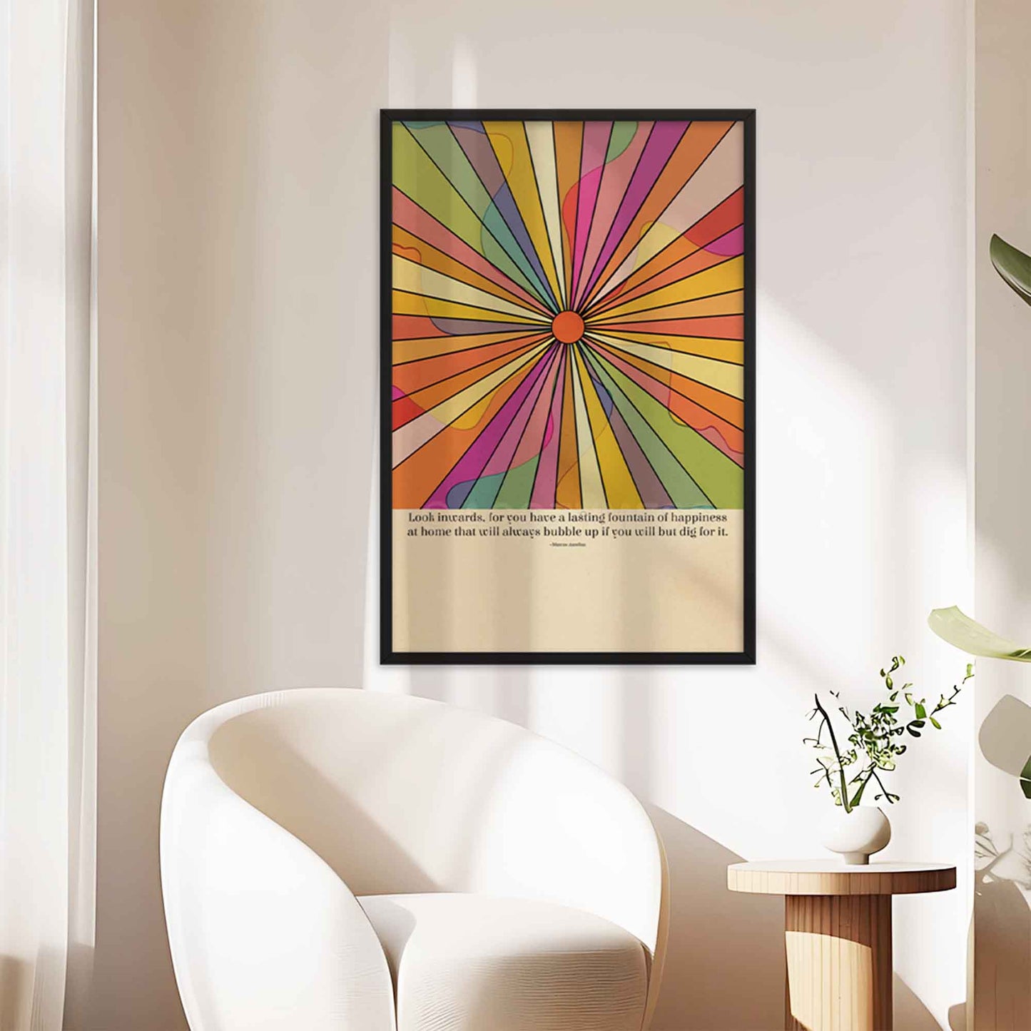 Art Poster with a colorful illustration featuring the Marcus Aurelius quote, Look inwards, for you have a lasting fountain of happiness at home that will always bubble up if you will but dig for it, perfect for inspiring mindfulness and introspection, in black frame.