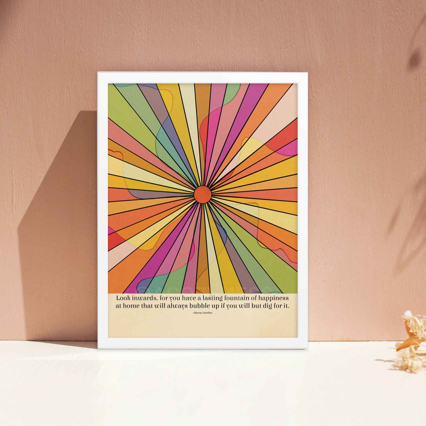 Poster with a colorful illustration featuring the Marcus Aurelius quote, Look inwards, for you have a lasting fountain of happiness at home that will always bubble up if you will but dig for it, perfect for inspiring mindfulness and introspection, in white frame.