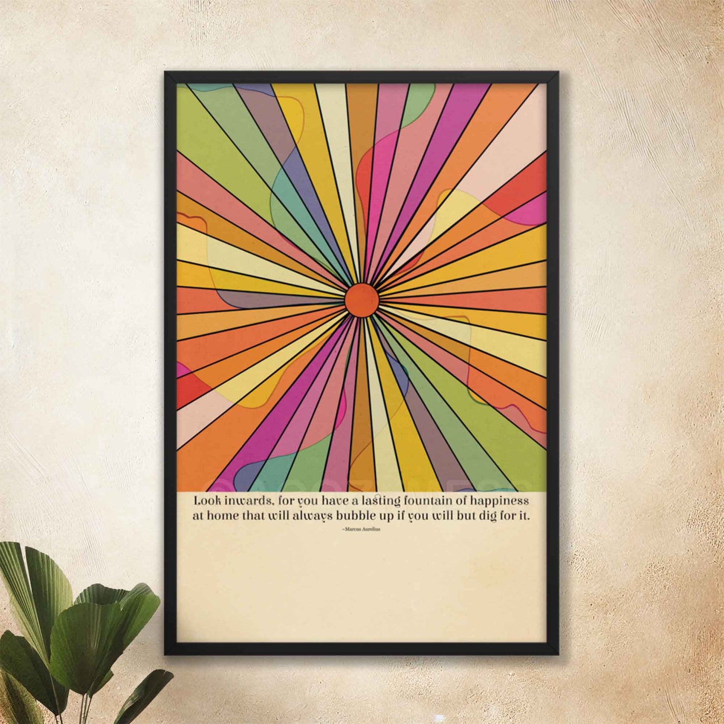 Stoic poster with a colorful illustration featuring the Marcus Aurelius quote, Look inwards, for you have a lasting fountain of happiness at home that will always bubble up if you will but dig for it, perfect for inspiring mindfulness and introspection, in oakwood frame.