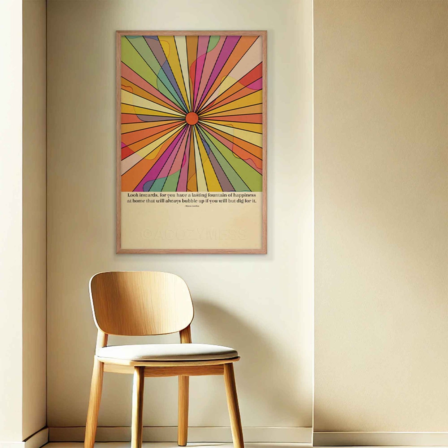 Marcus Aurelius Poster with colorful design, in oakwood frame.