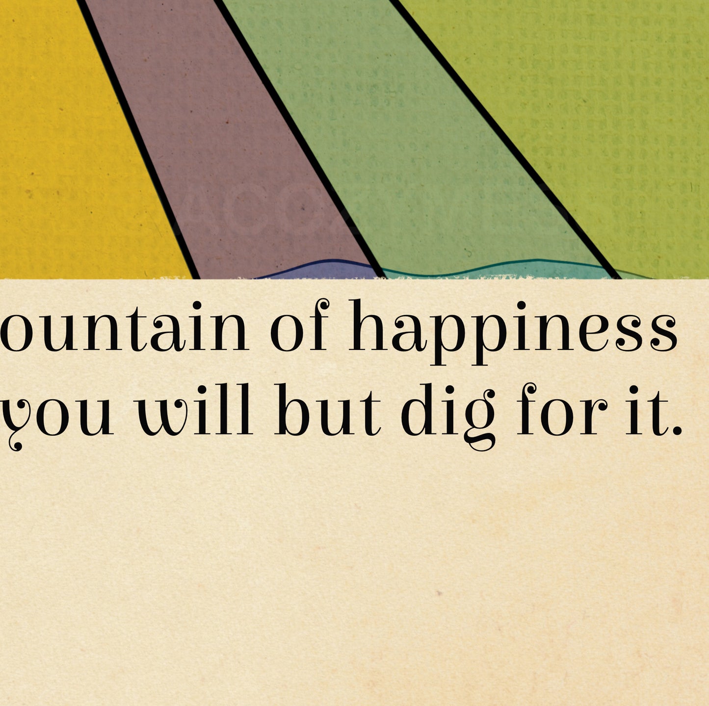 Stoic poster with a colorful illustration featuring the Marcus Aurelius quote, Look inwards, for you have a lasting fountain of happiness at home that will always bubble up if you will but dig for it.