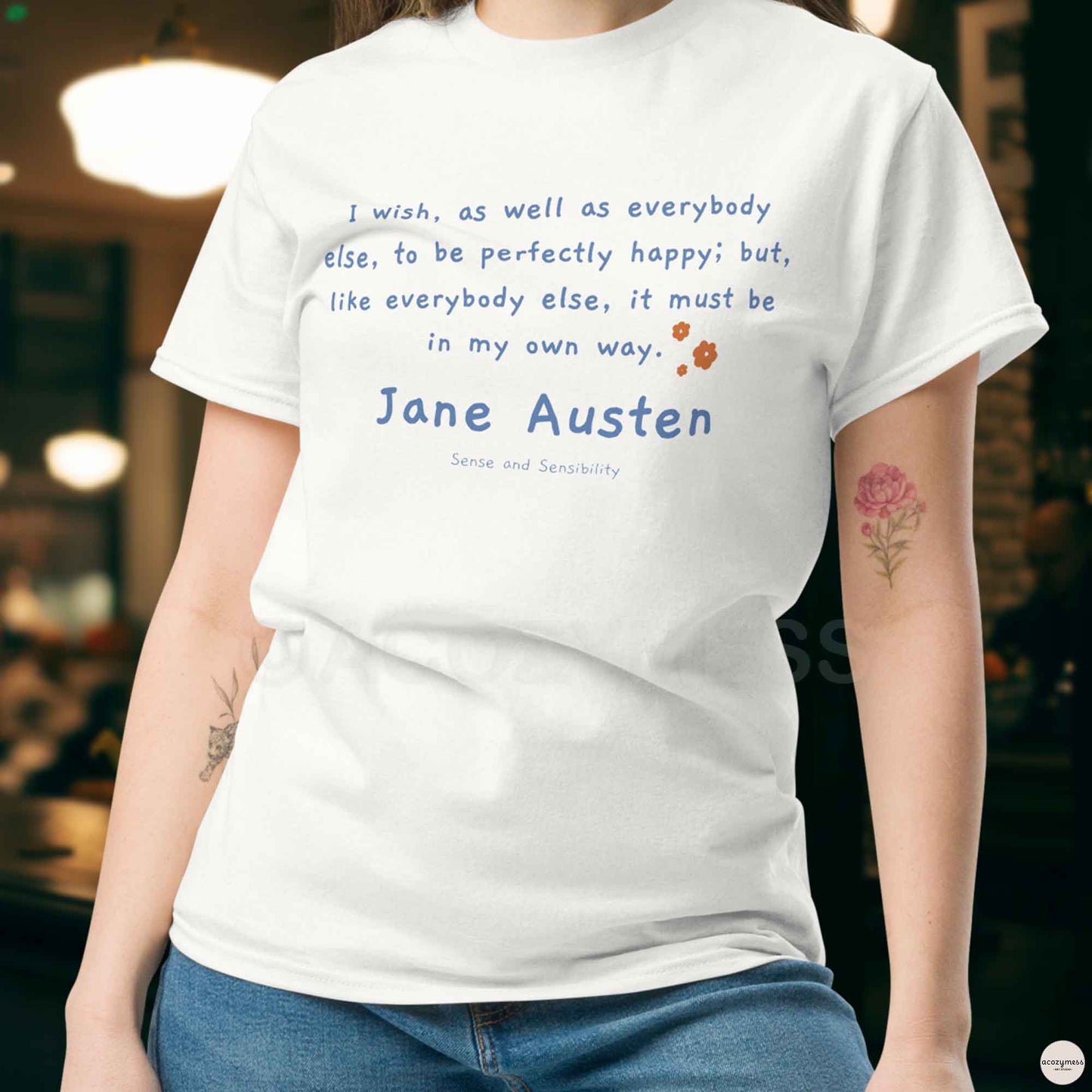 Jane Austen Tshirt with quote on happy in my own way, minimalist style white womens Tshirt