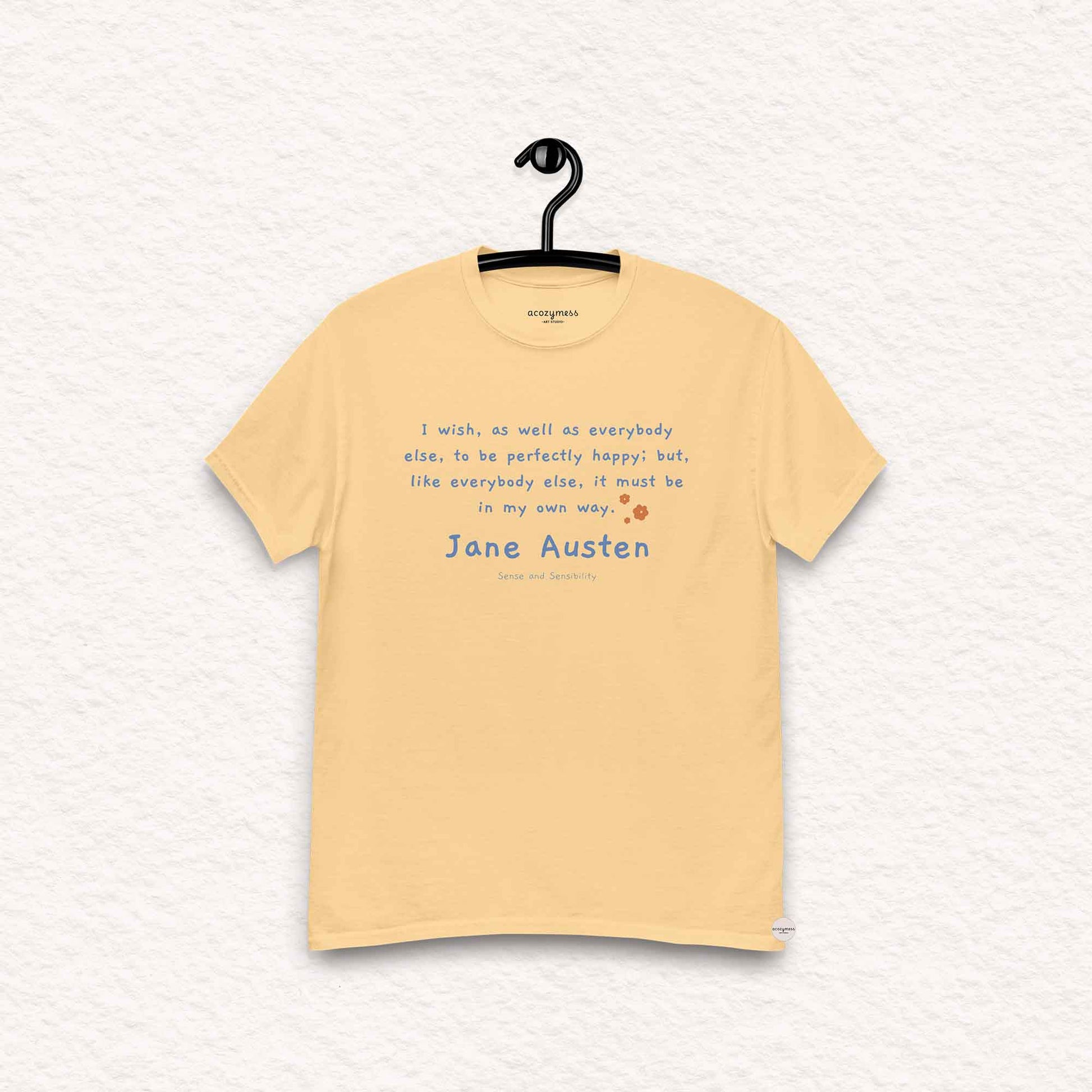 Jane Austen Tshirt with quote on happy in my own way, minimalist style light yellow Tshirt