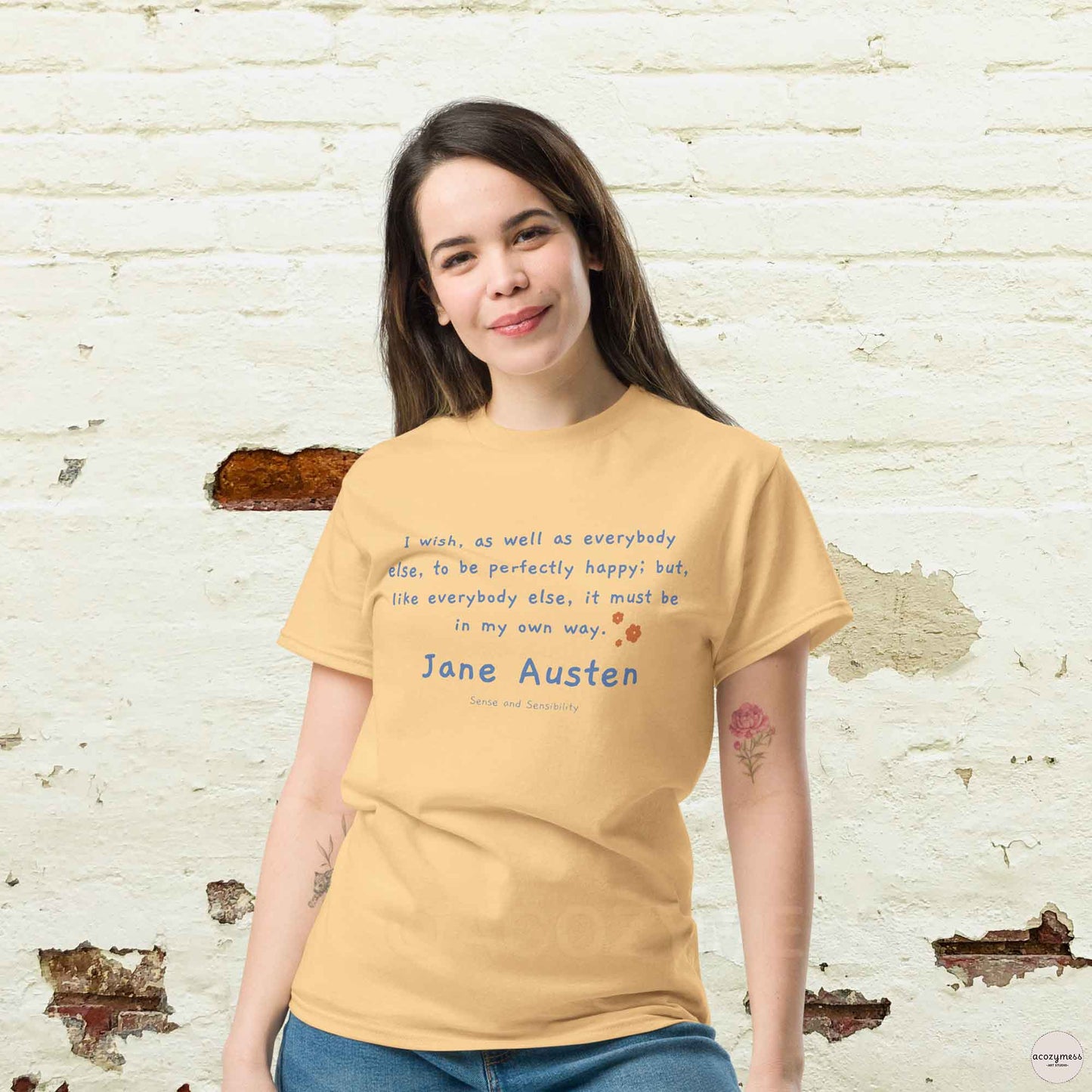 Jane Austen Tshirt with quote on happy in my own way, classic literature minimalist style light yellow Tshirt