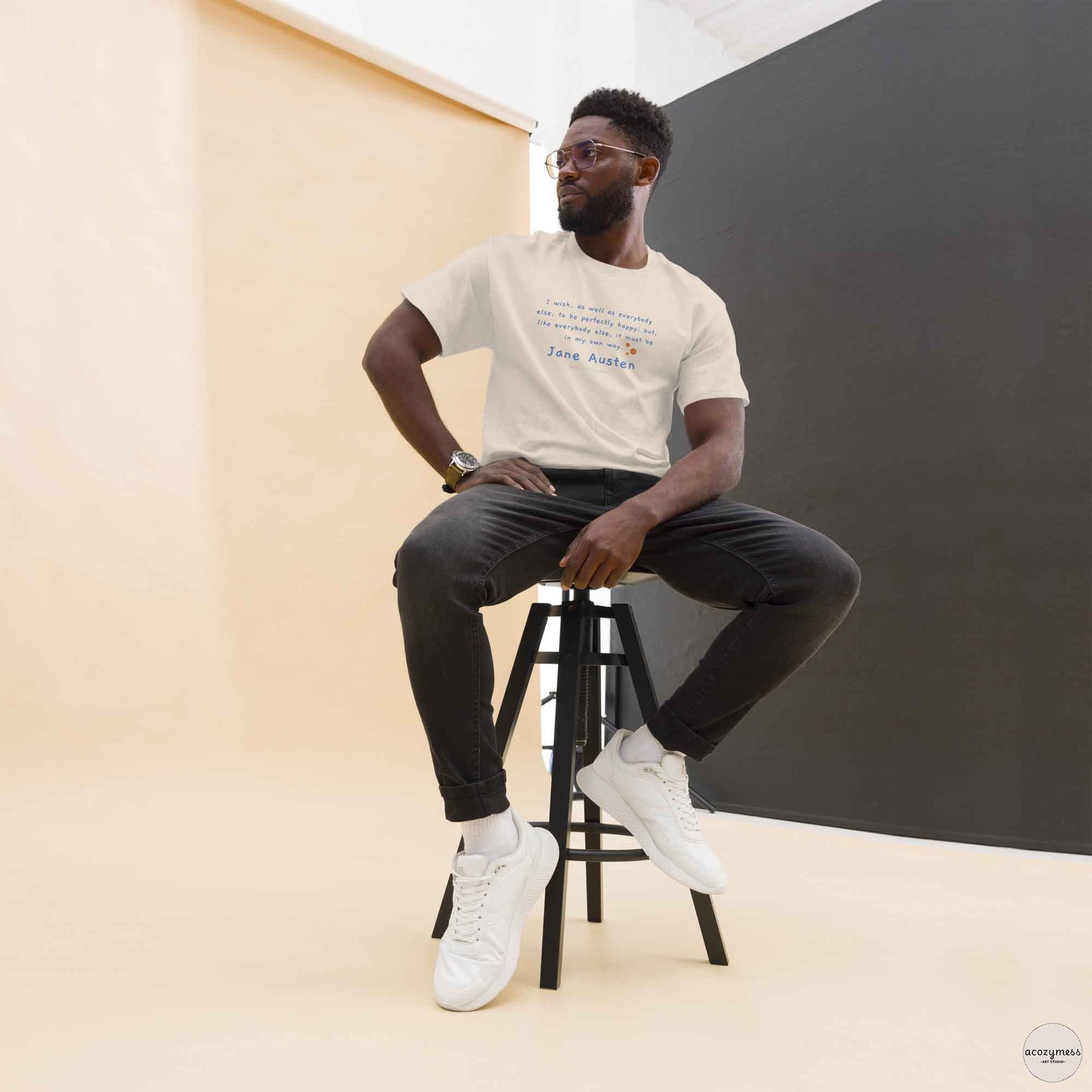 Jane Austen Tshirt with quote on happy in my own way, classic literature minimalist style natural color Tshirt