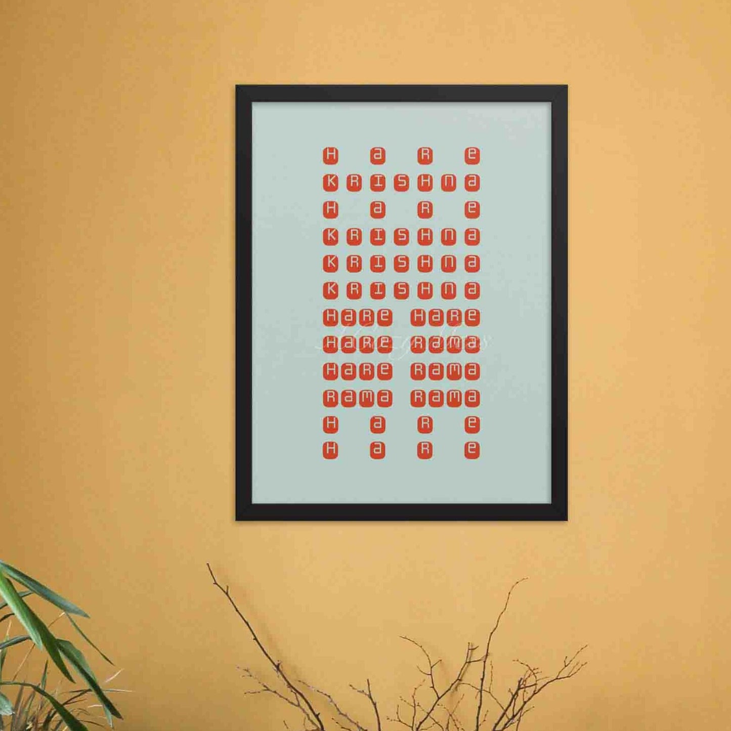 A black framed poster, featuring the Hare Krishna mantra arranged in a grid-like pattern, in red color against a mint green background.