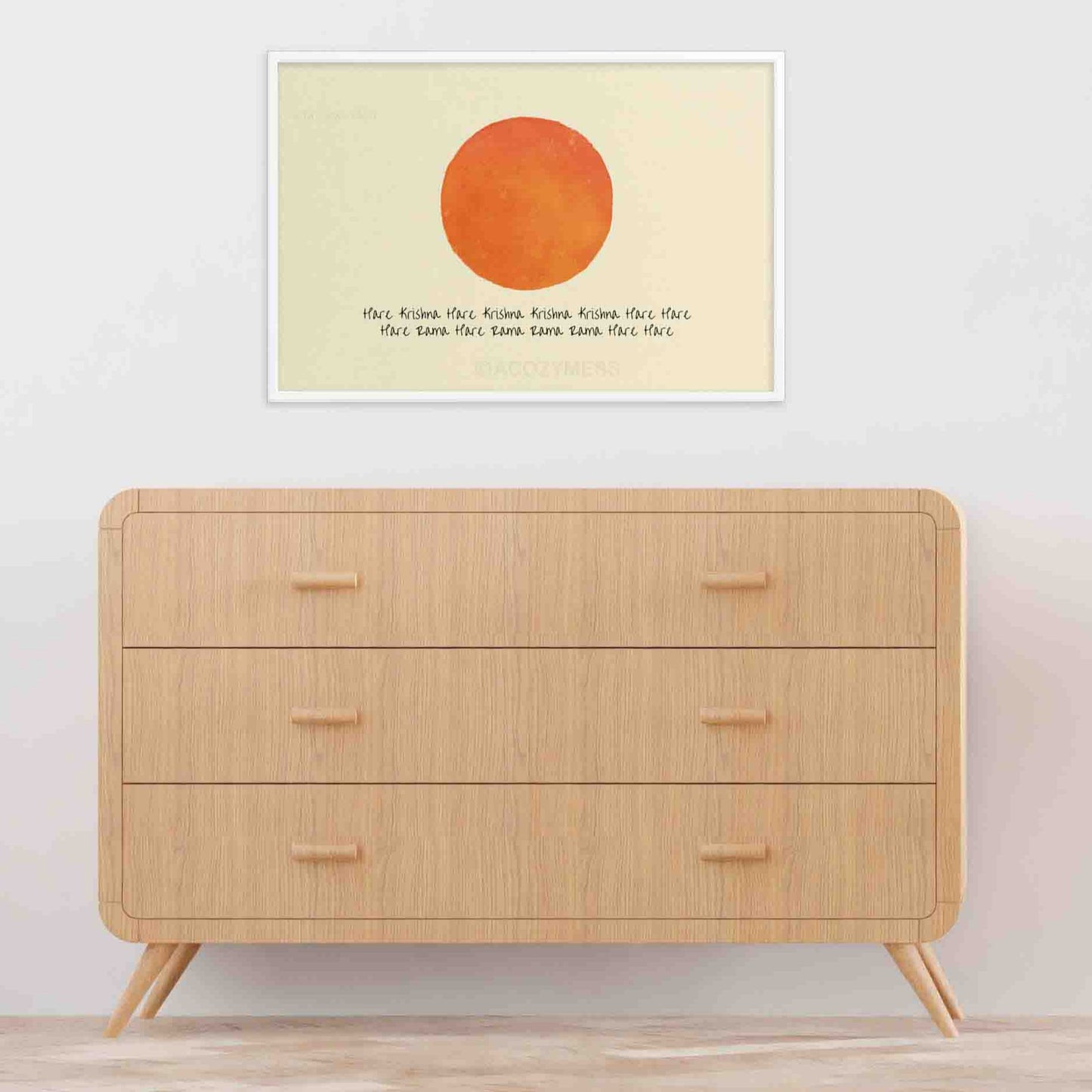 hare krishna mantra with sun art in white frame