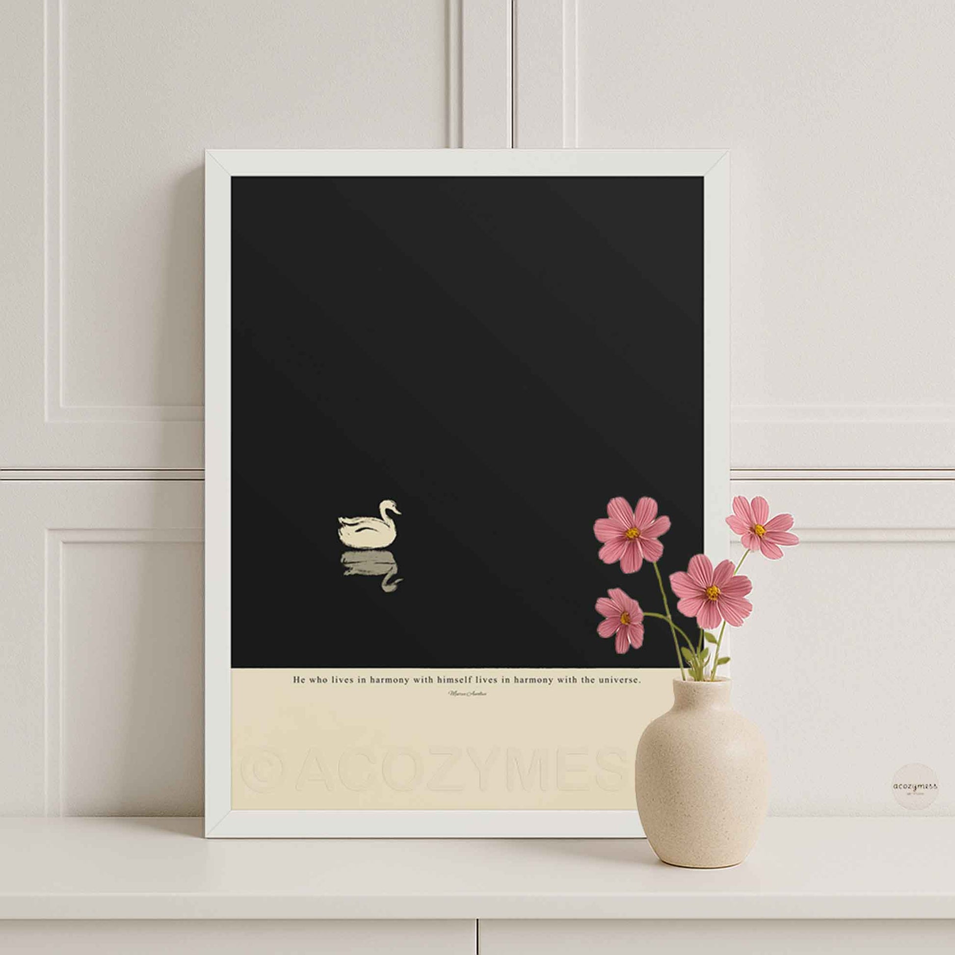 Marcus Aurelius harmony with universe quote poster in a clean white frame, soft neutral aesthetic.