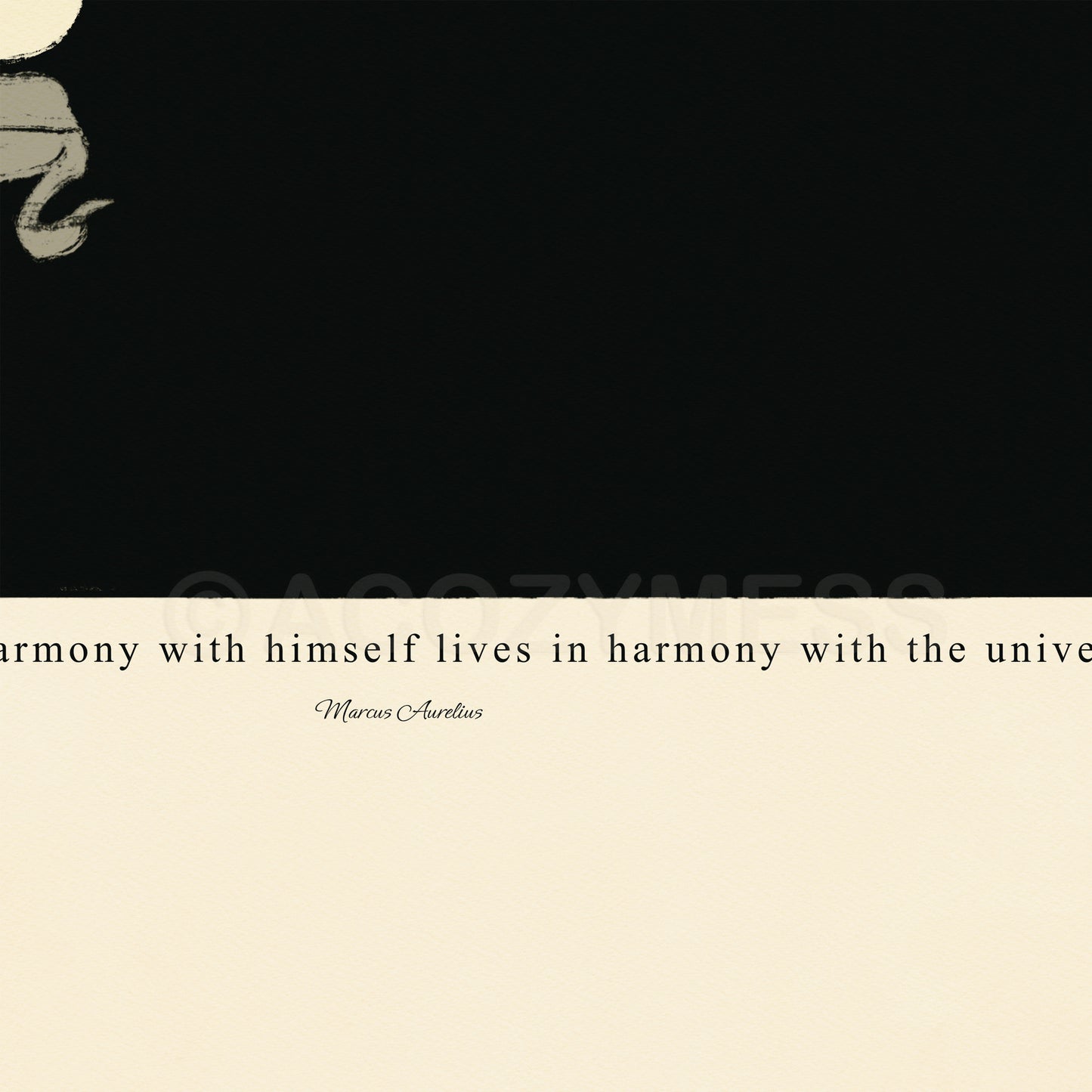 Close-up of Marcus Aurelius quote poster with bold black typography on beige background, showing fine text and paper texture.