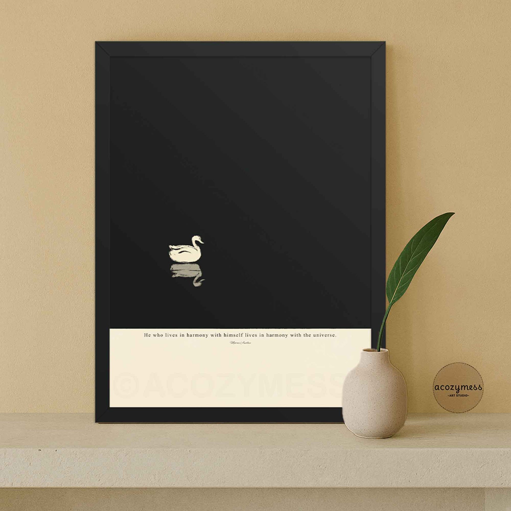 Stoic philosophy quote print framed in sleek black, minimalist decor style.