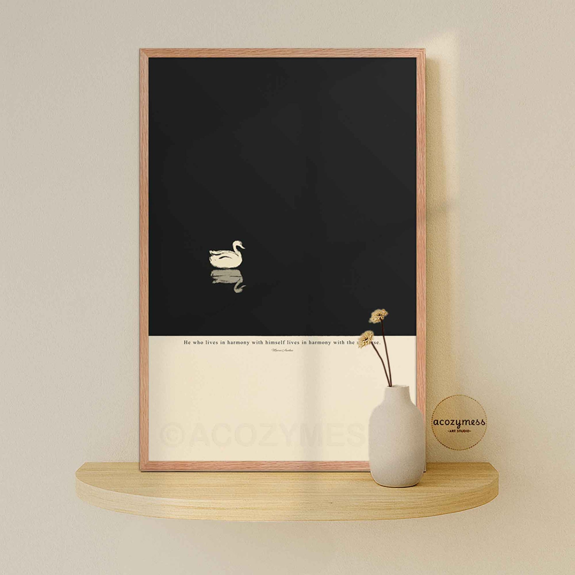 Marcus Aurelius harmony quote poster in a oakwood frame, offering a natural and clean finish for a calm, neutral look.