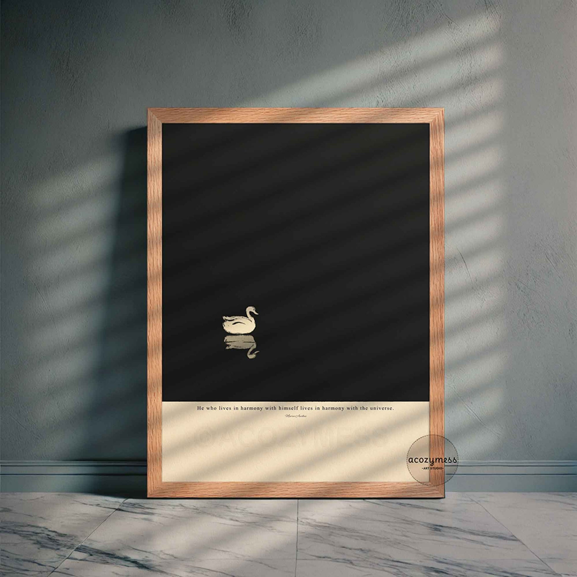 Marcus Aurelius harmony quote poster displayed in an oakwood frame on wall, warm and natural finish.