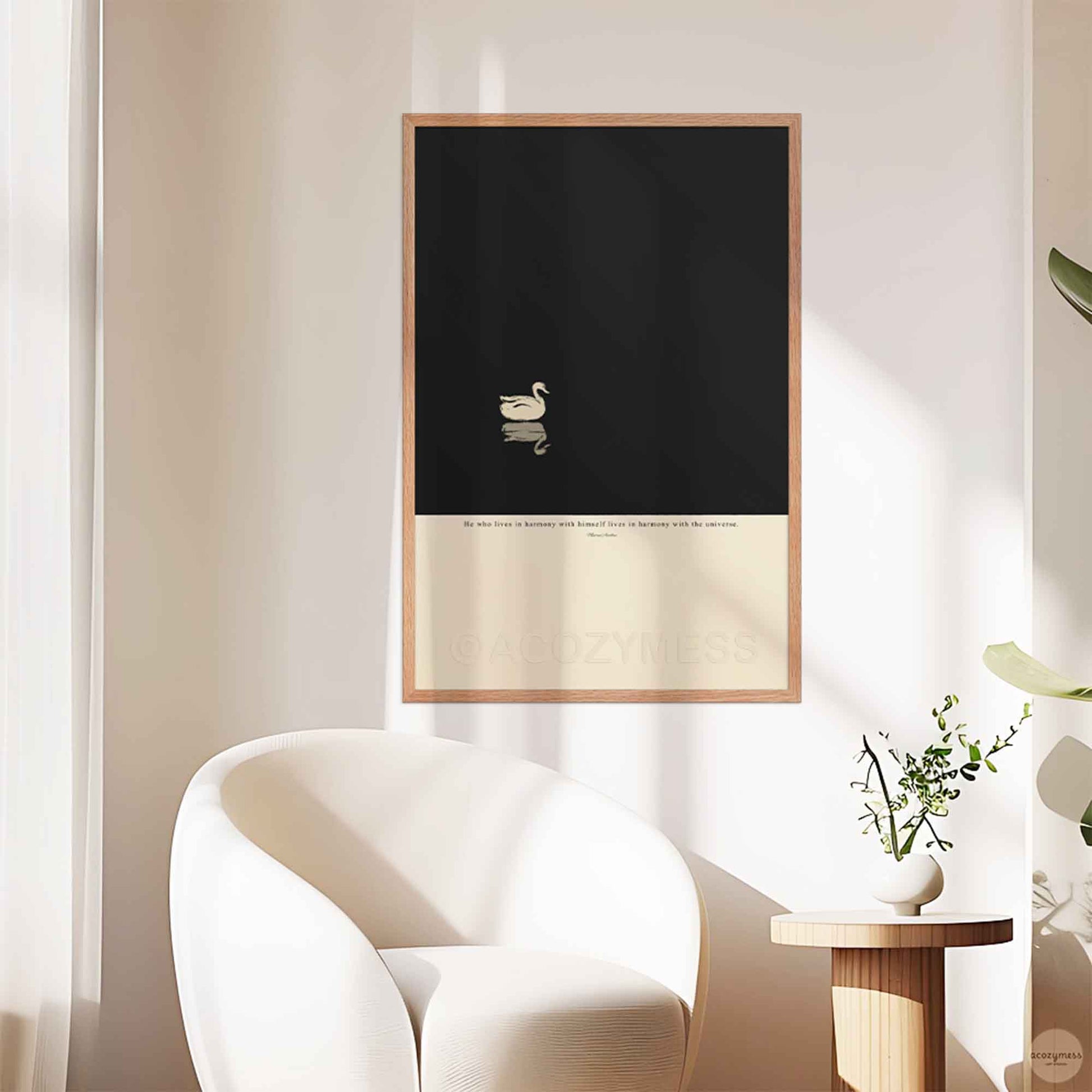 Marcus Aurelius harmony quote poster displayed in an oakwood frame on wall, warm and natural finish for aesthetic decor.