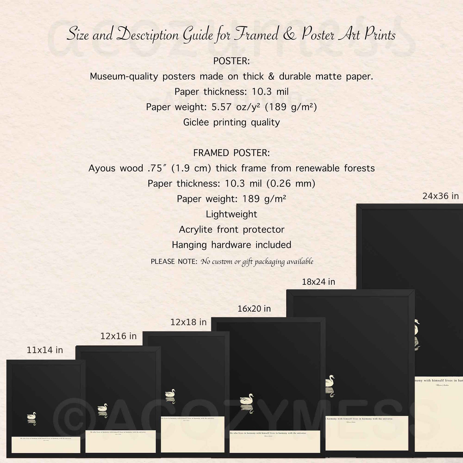 Poster size chart and product details for Marcus Aurelius harmony quote wall art, available in multiple dimensions.