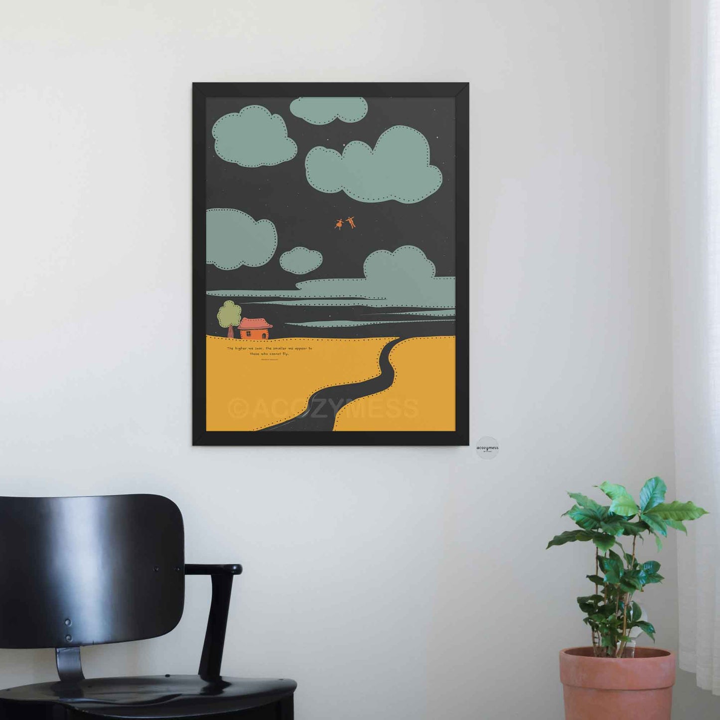 Black framed print with - The higher we soar…- with people flying in the sky among clouds on starry background.