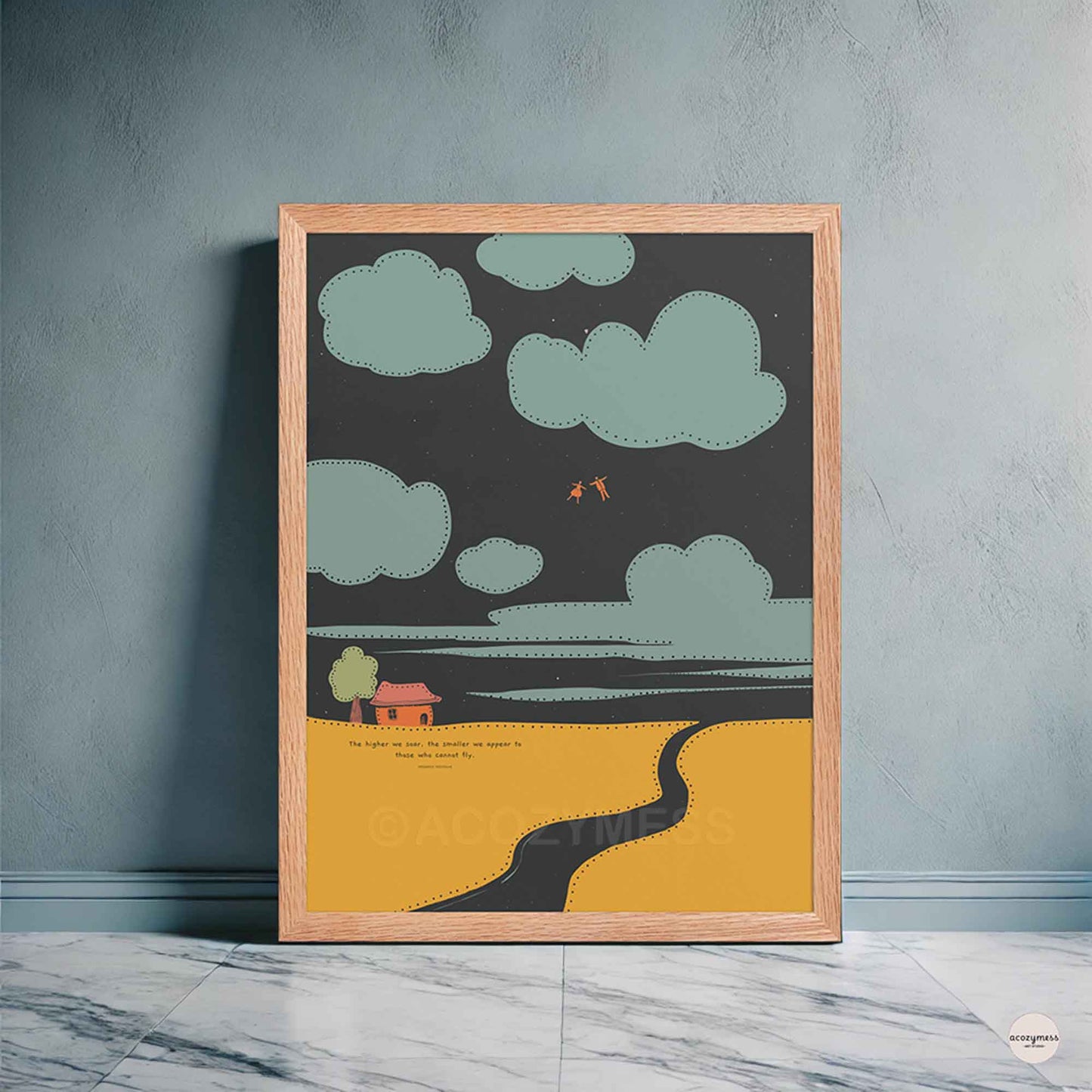 Oakwood framed poster with - The higher we soar…- with people flying in the sky among clouds on starry background.