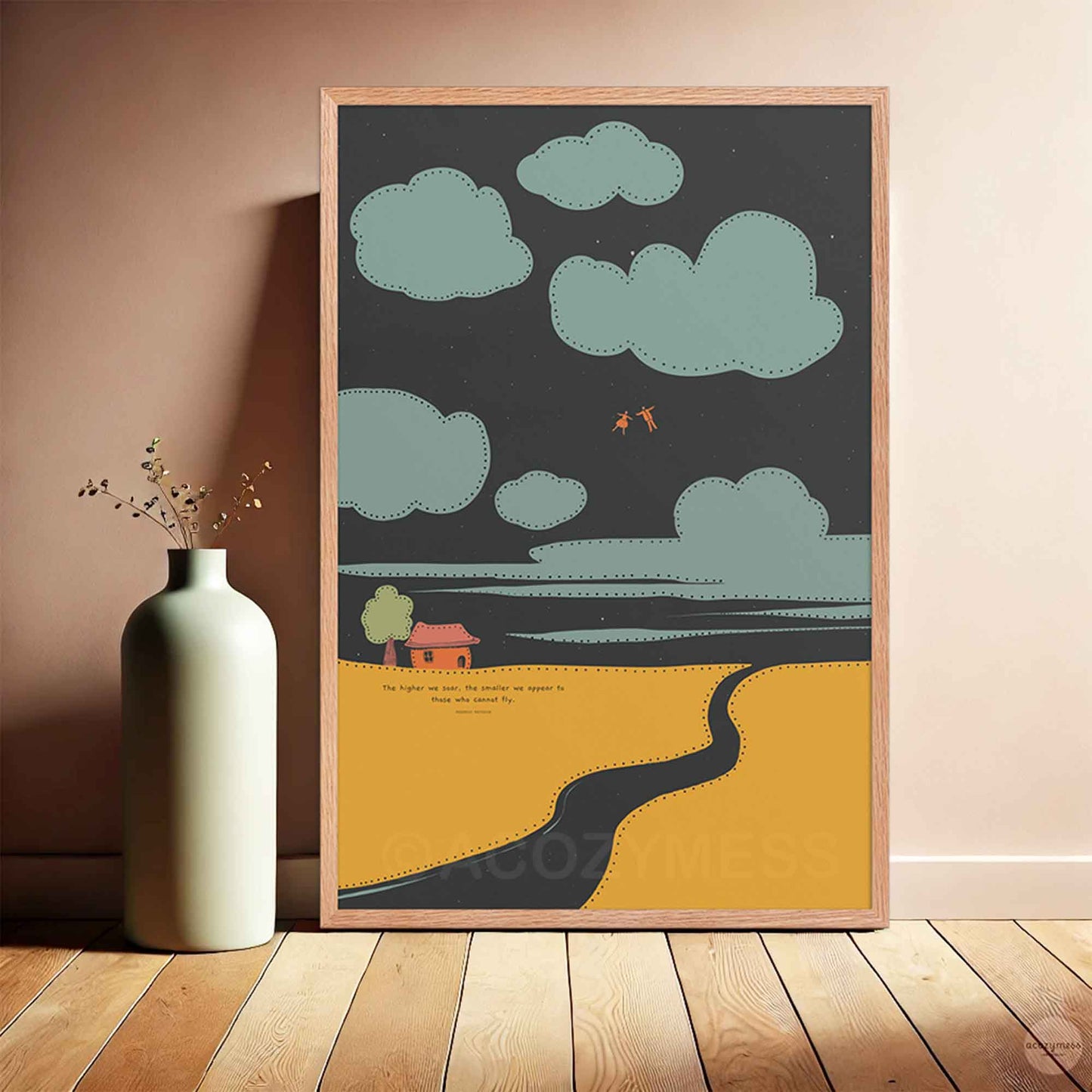 Oakwood framed poster of Nietzsche quote with cute illustration of people flying among clouds