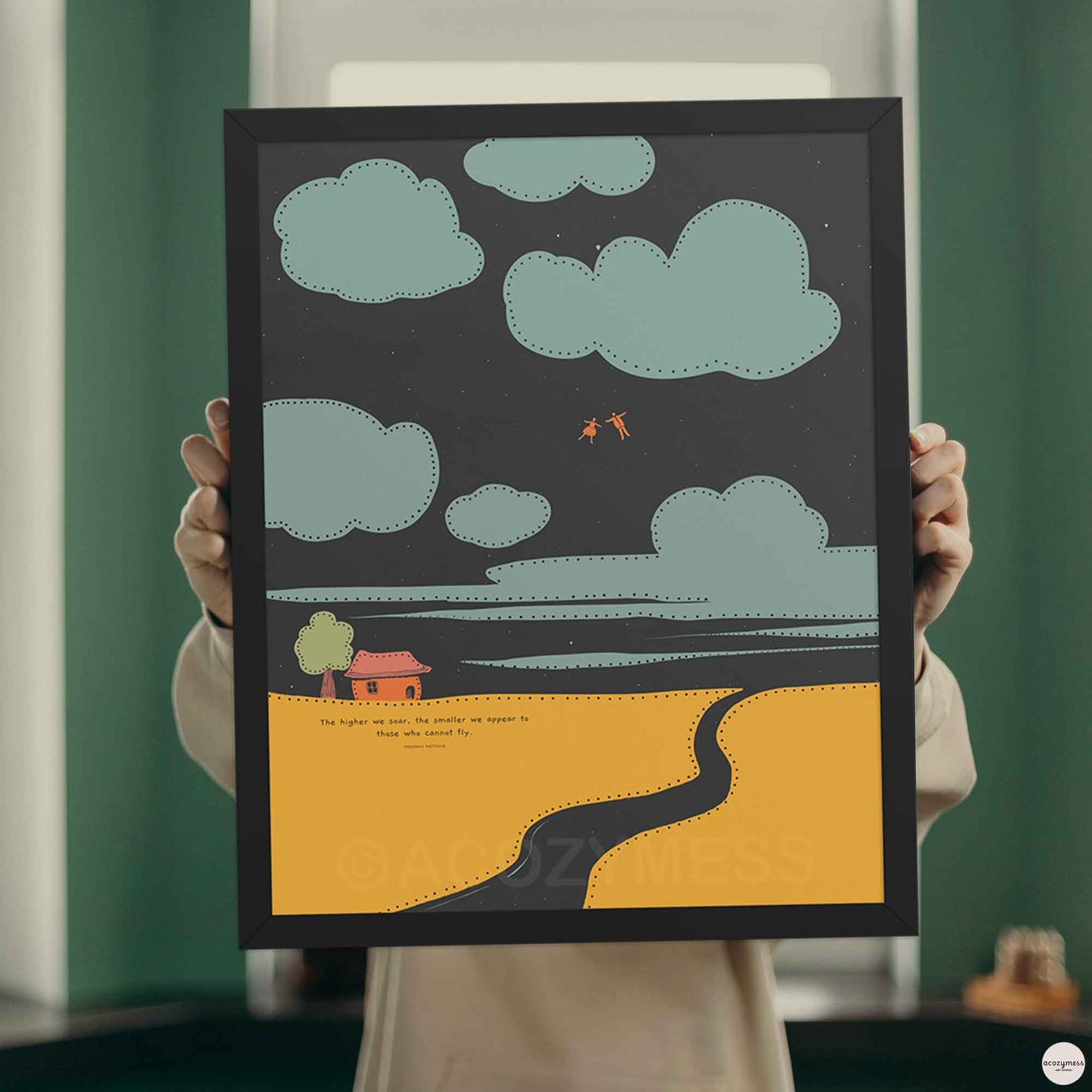 Black framed poster with - The higher we soar…- with people flying in the sky among clouds on starry background.