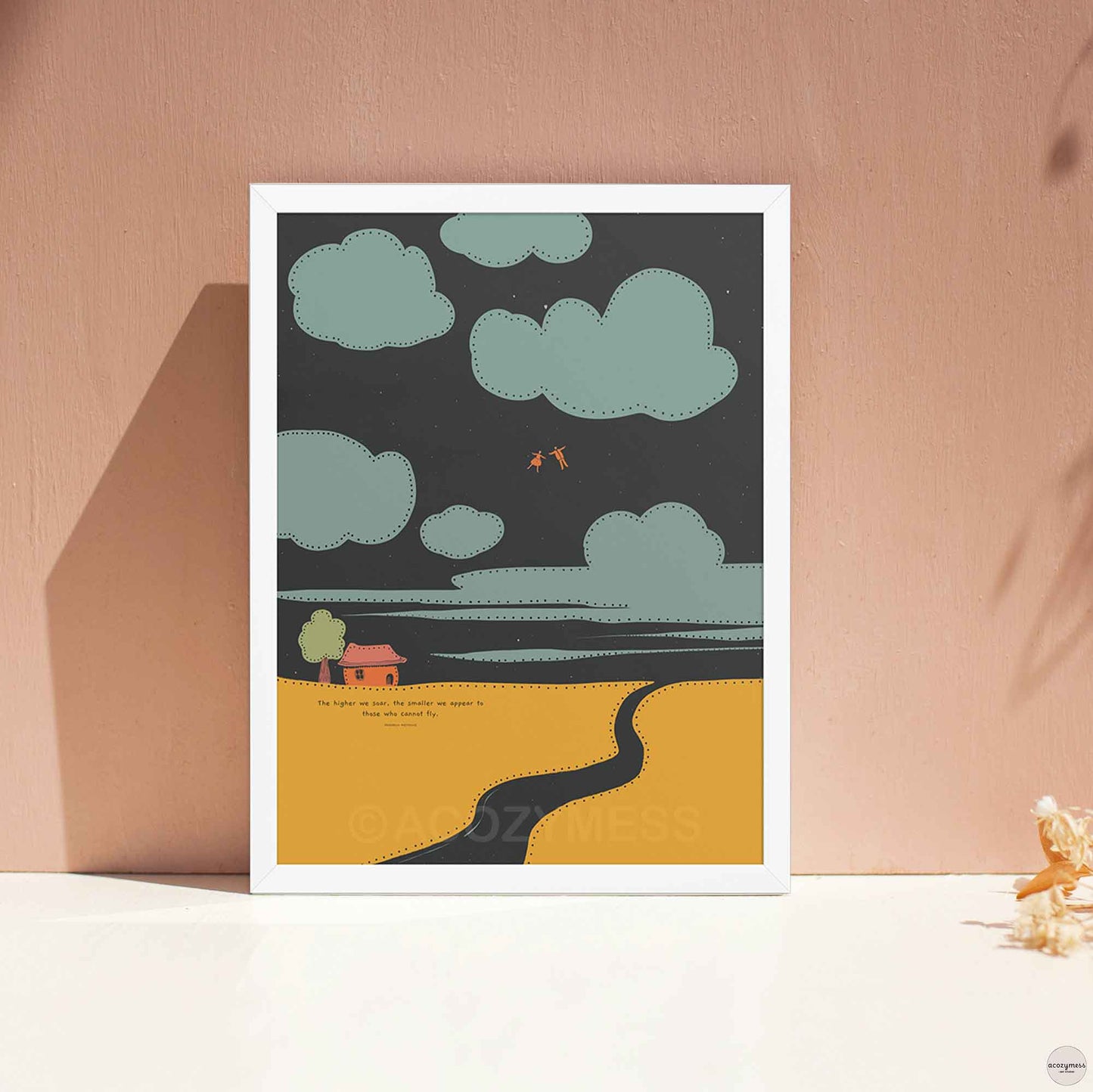 White framed print of cute illustrated Nietzsche quote poster