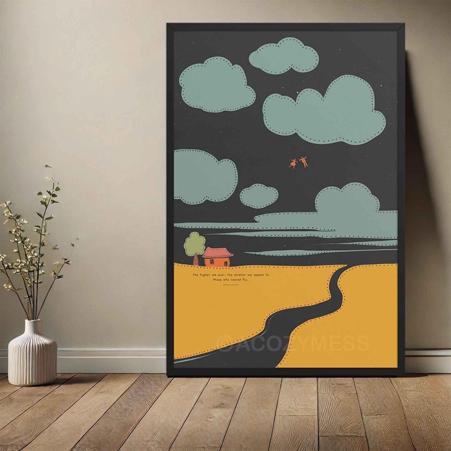 Black framed poster with - The higher we soar…-quote in playful font