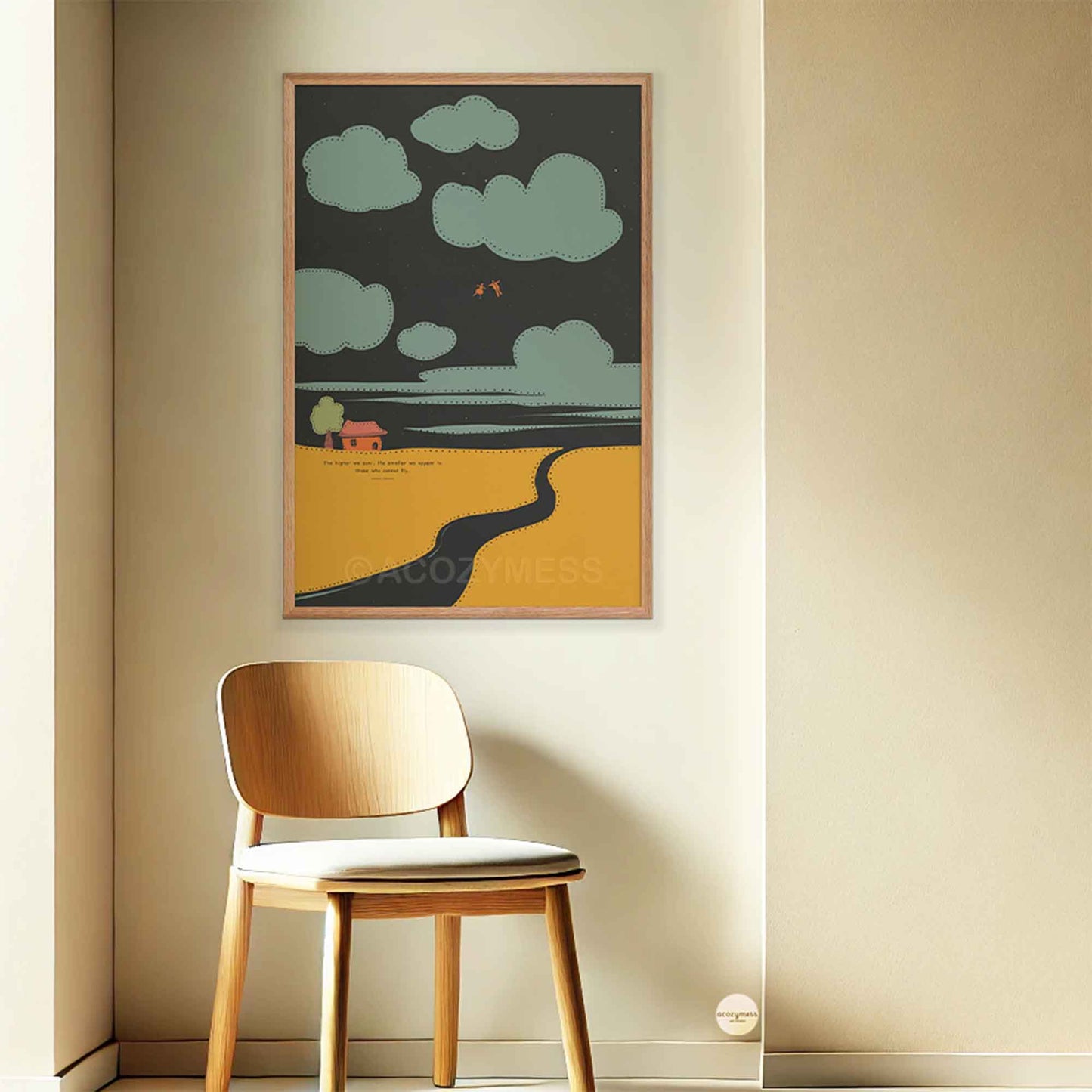 Oakwood framed poster of Nietzsche quote with whimsical art
