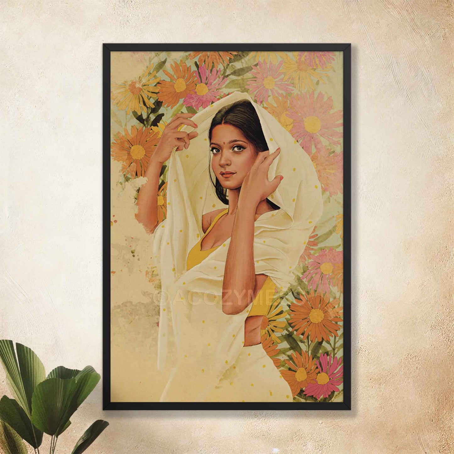 Women in beige polka saree and yellow blouse on floral background, in black frame.