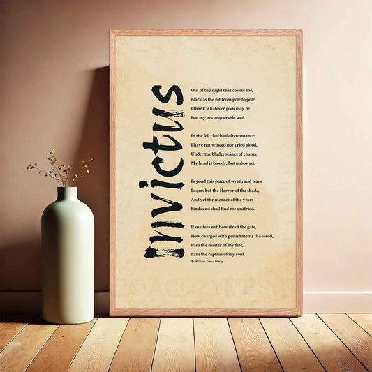 Invictus poem print on vintage style paper, in oakwood frame.