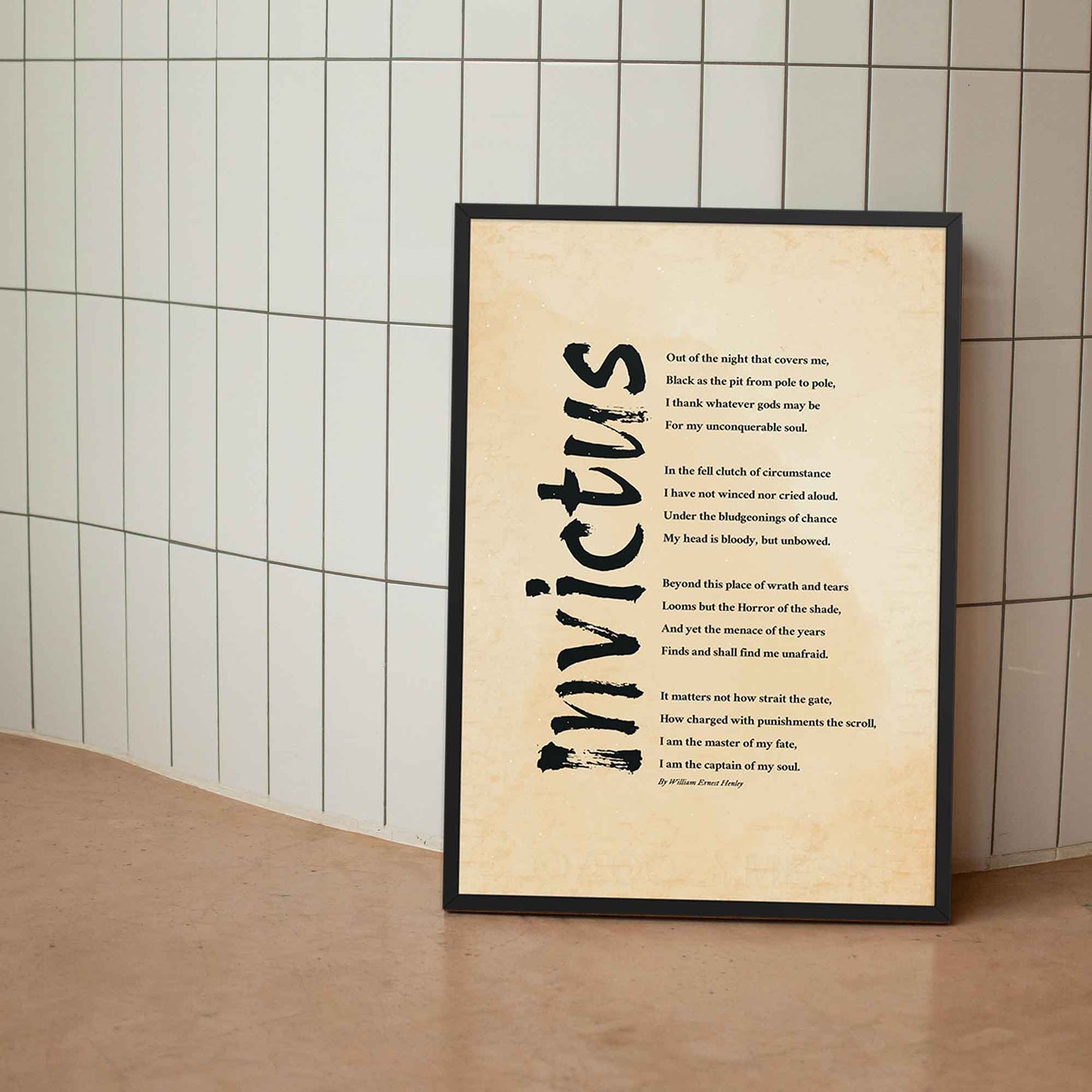 Invictus poem print on vintage style paper, in black frame.