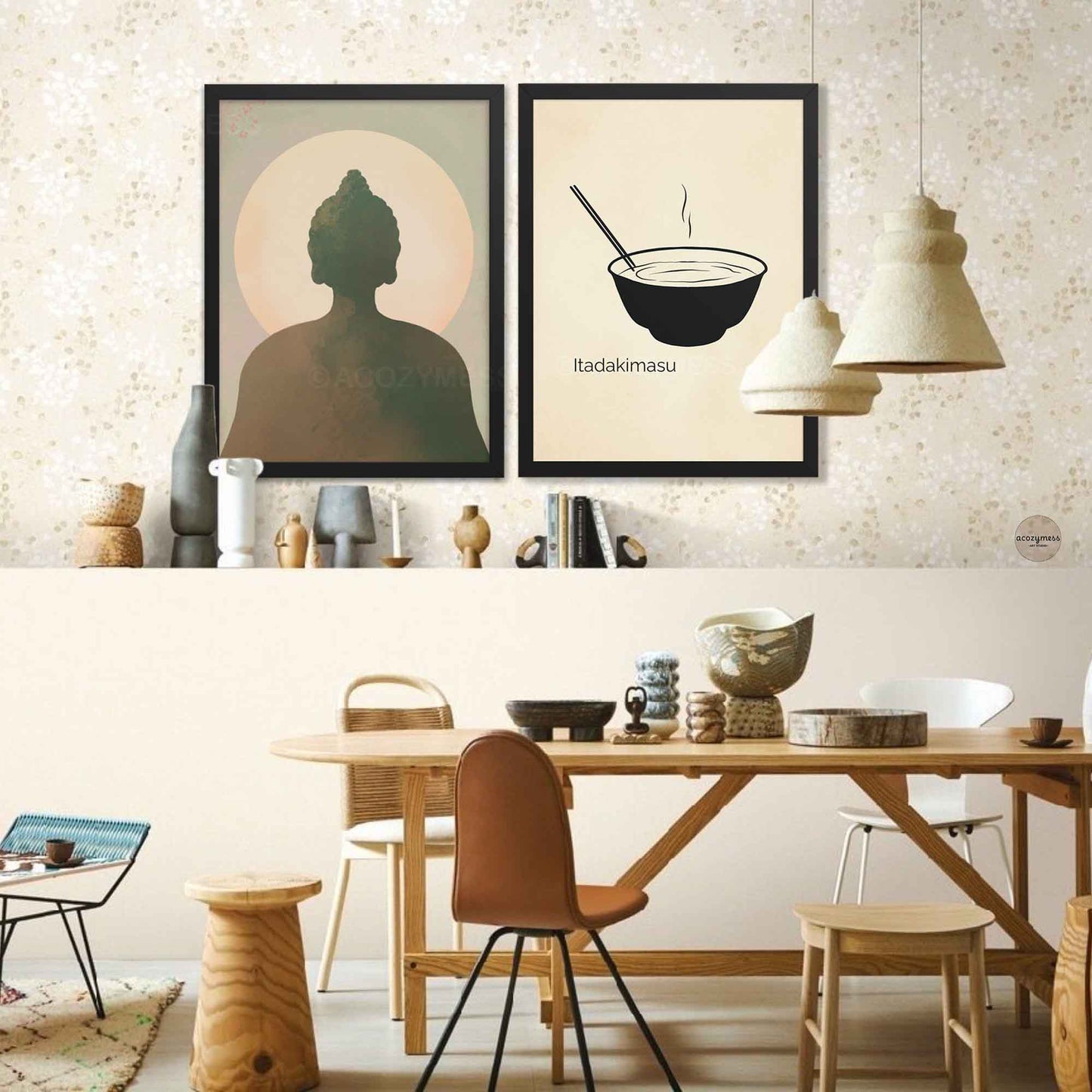 Japanese kitchen quote poster in a sleek black frame for a modern, minimalist look for a Dining room