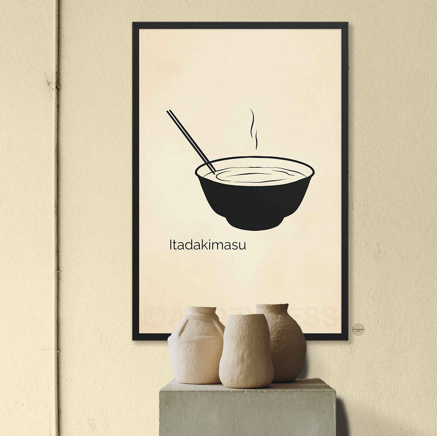 “Itadakimasu” print displayed in a warm black frame, perfect for cozy and natural kitchen aesthetics.