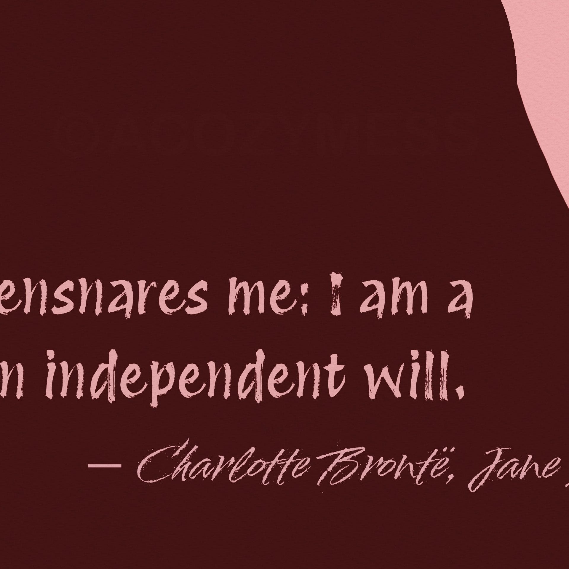 Art print of a woman in pink, orange, and brown tones with a quote from Jane Eyre reading 'I am no bird; and no net ensnares me; I am a free human being, with an independent will.'