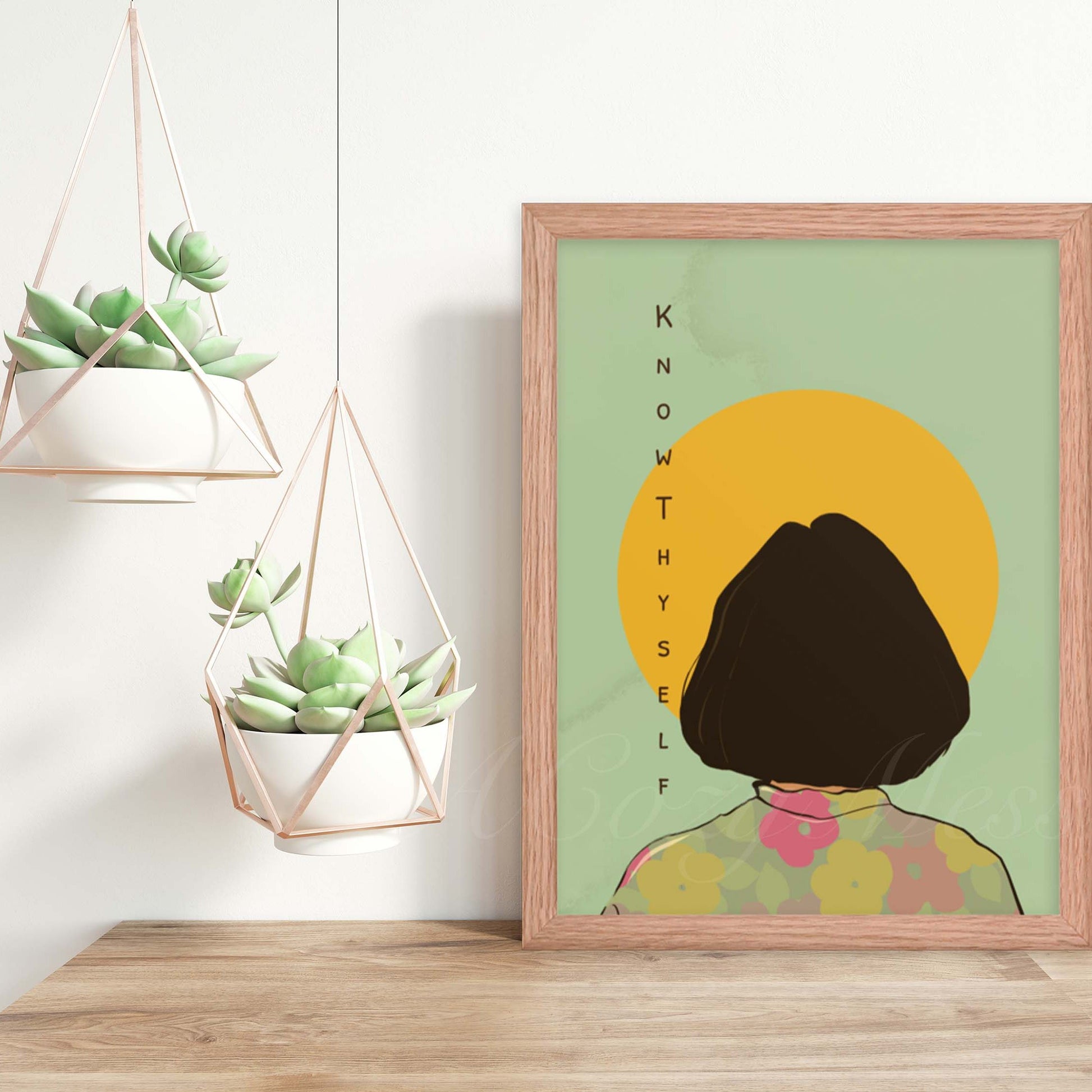 Illustration of a woman in a floral shirt facing the sun with the phrase 'Know Thyself' written alongside in oak wood frame.